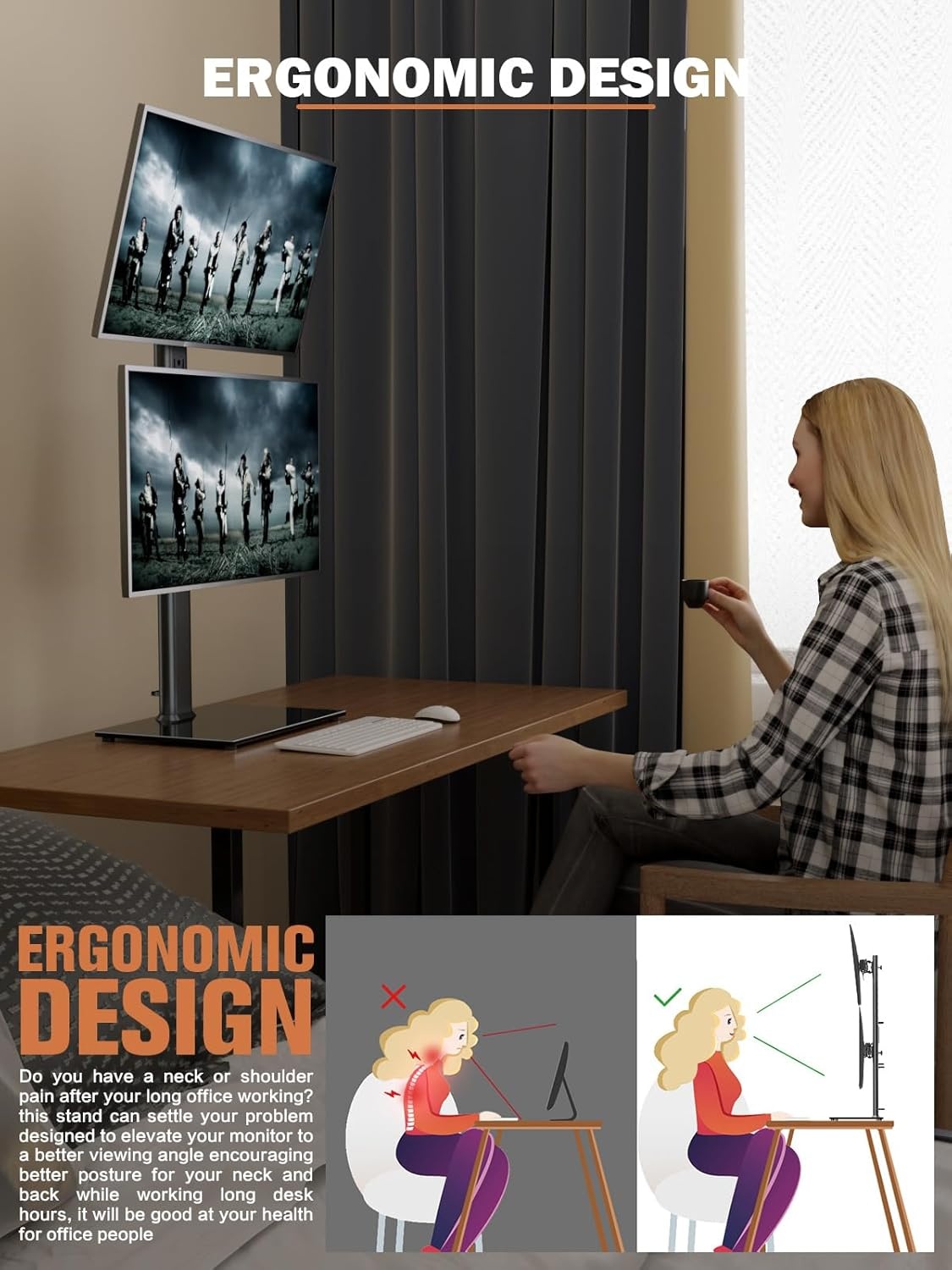 image:imageDual Monitor Stand Vertical Stack Screen FreeStanding Monitor Riser Fits Two 13 to 34 Inch Screen with Swivel Tilt Height Adjustable Holds One 1 Screen up to 44Lbs HT05W002 WhiteBlack