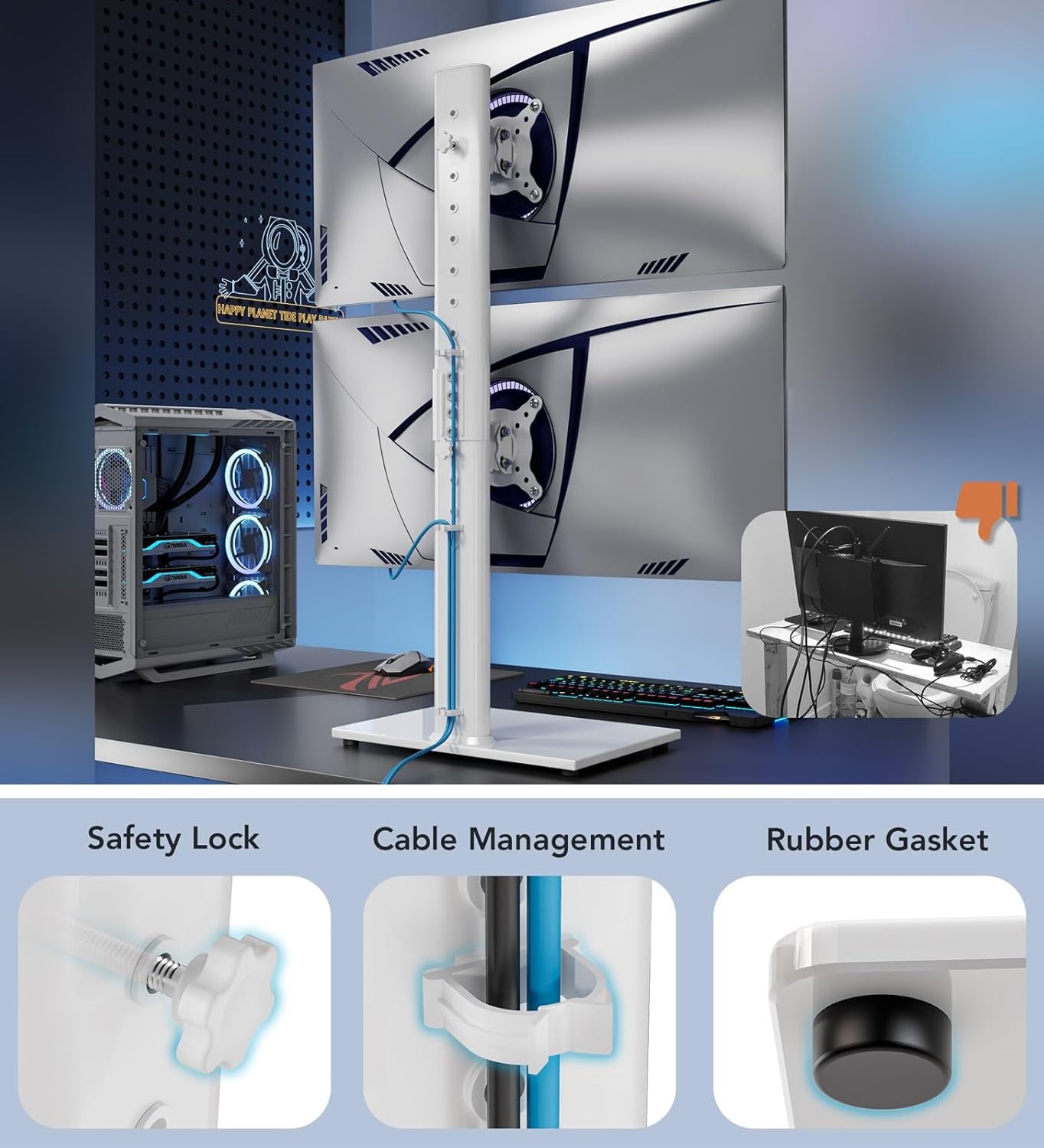 image:imageDual Monitor Stand Vertical Stack Screen FreeStanding Monitor Riser Fits Two 13 to 34 Inch Screen with Swivel Tilt Height Adjustable Holds One 1 Screen up to 44Lbs HT05W002 WhiteWhite
