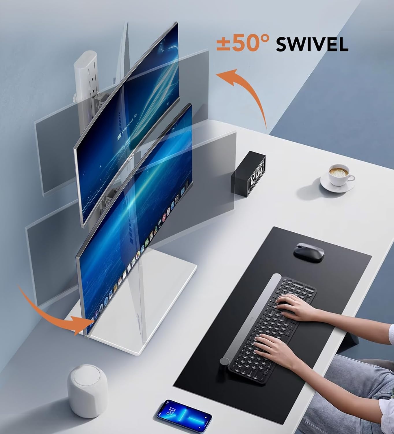 image:imageDual Monitor Stand Vertical Stack Screen FreeStanding Monitor Riser Fits Two 13 to 34 Inch Screen with Swivel Tilt Height Adjustable Holds One 1 Screen up to 44Lbs HT05W002 WhiteWhite