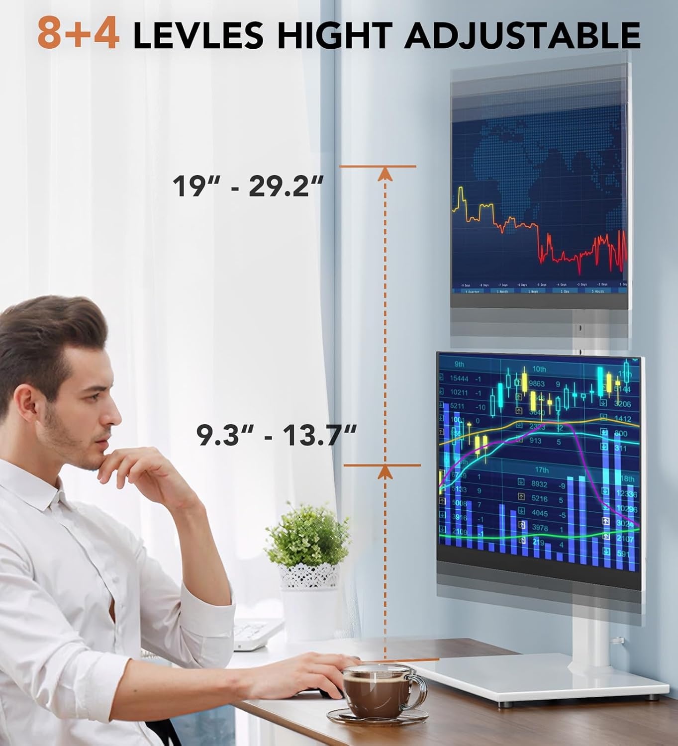 image:imageDual Monitor Stand Vertical Stack Screen FreeStanding Monitor Riser Fits Two 13 to 34 Inch Screen with Swivel Tilt Height Adjustable Holds One 1 Screen up to 44Lbs HT05W002 WhiteWhite