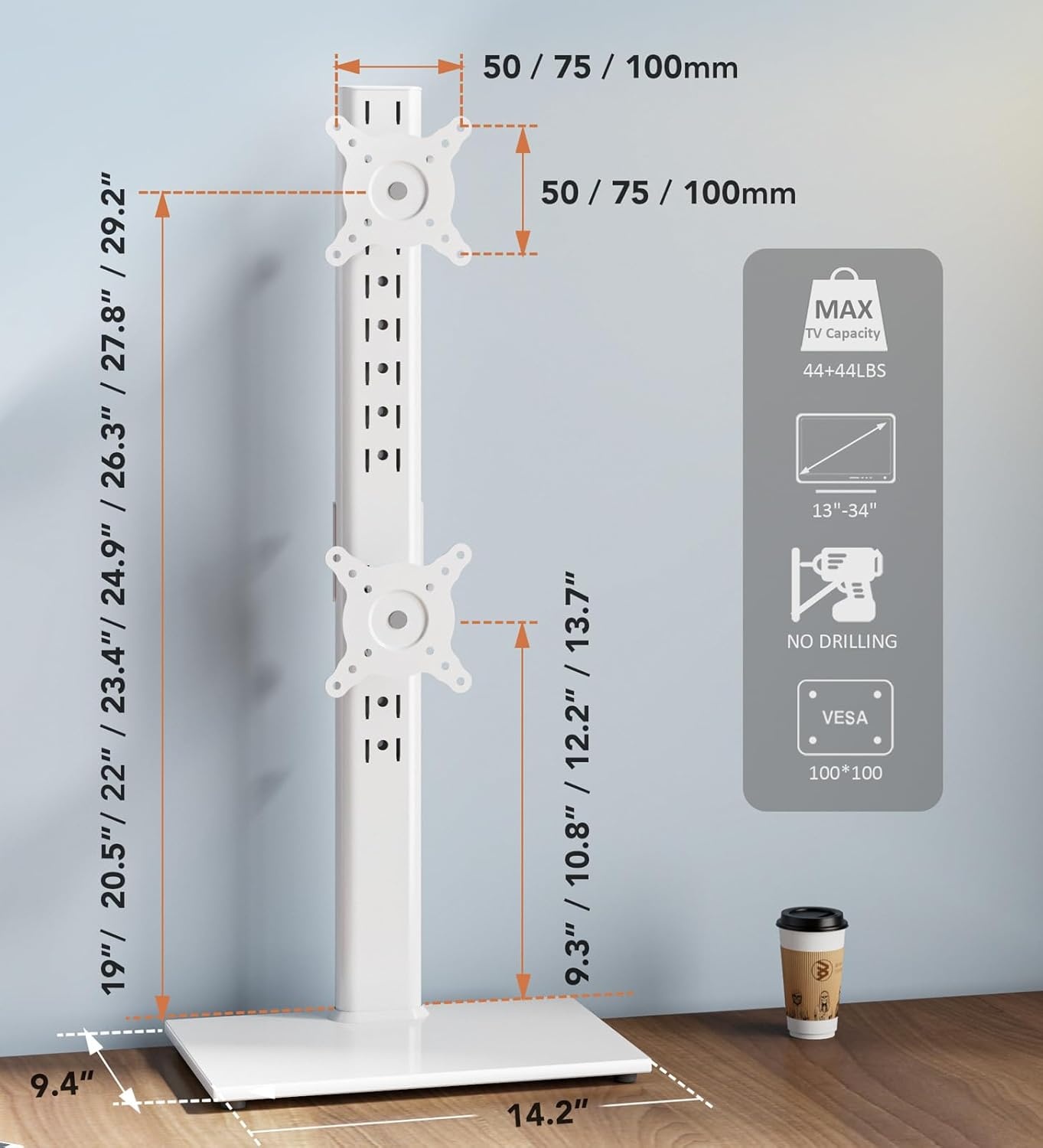 image:imageDual Monitor Stand Vertical Stack Screen FreeStanding Monitor Riser Fits Two 13 to 34 Inch Screen with Swivel Tilt Height Adjustable Holds One 1 Screen up to 44Lbs HT05W002 WhiteWhite