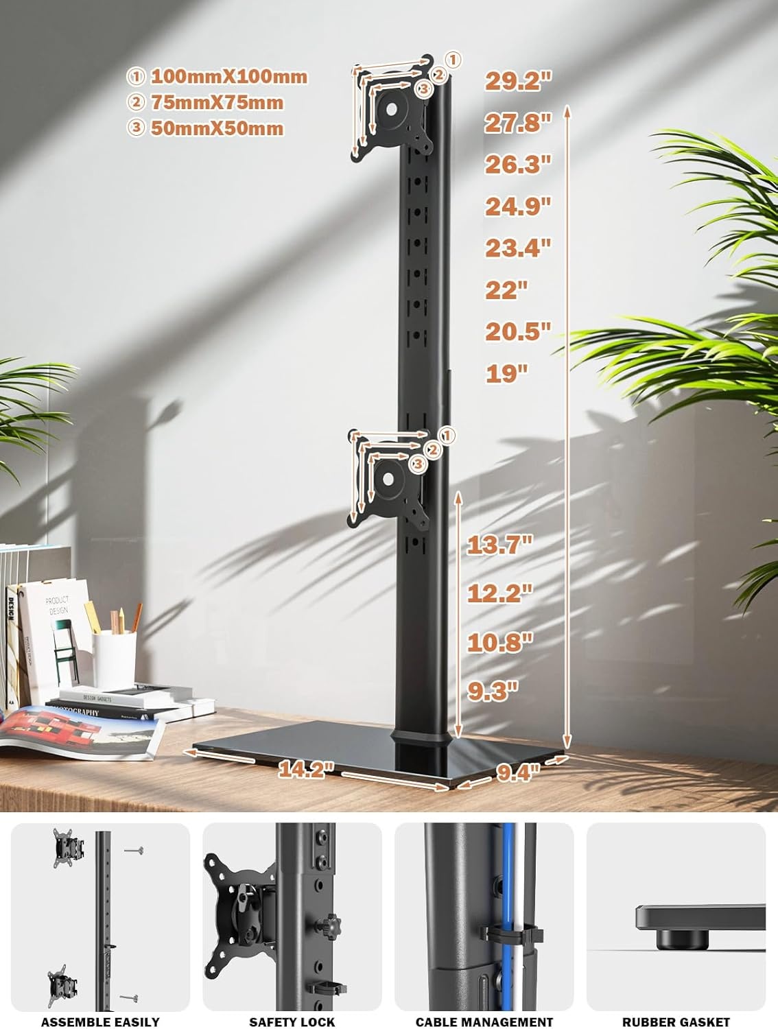 image:imageDual Monitor Stand Vertical Stack Screen FreeStanding Monitor Riser Fits Two 13 to 34 Inch Screen with Swivel Tilt Height Adjustable Holds One 1 Screen up to 44Lbs HT05W002 WhiteBlack