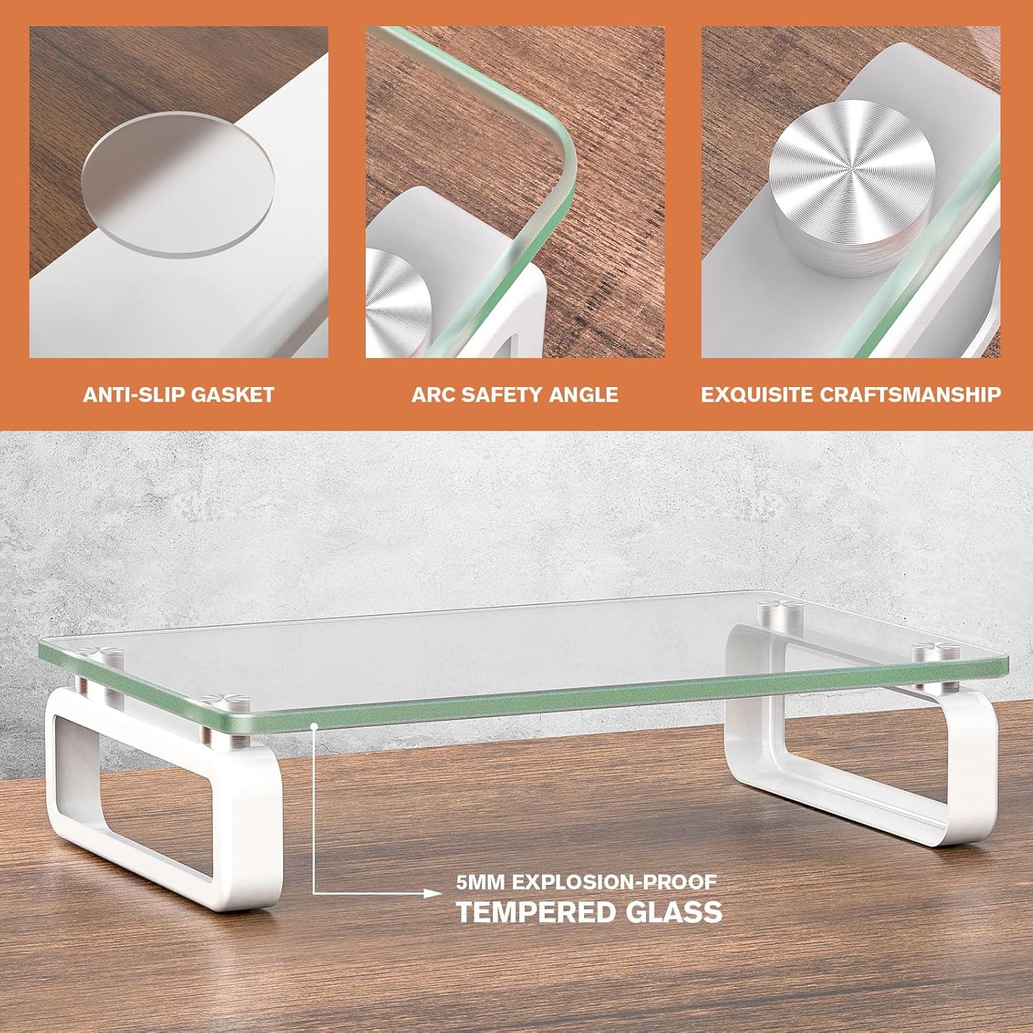 image:imageHemudu Clear Computer Monitor Stand Riser Multi Media Desktop Stand for Flat Screen LCD LED TV LaptopNotebook with Tempered Glass and Metal Legs HD02T001Clear