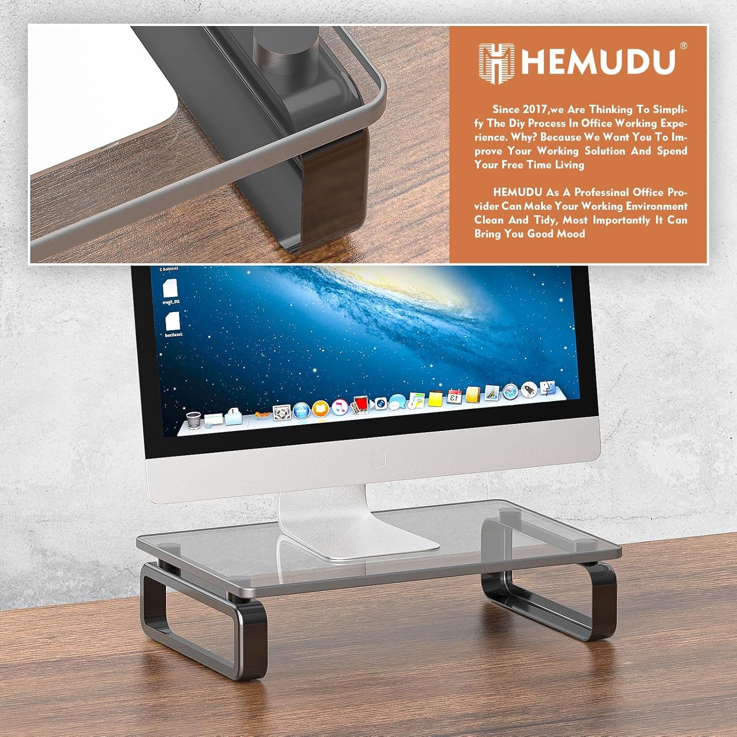 image:imageHemudu Clear Computer Monitor Stand Riser Multi Media Desktop Stand for Flat Screen LCD LED TV LaptopNotebook with Tempered Glass and Metal Legs HD02T001black