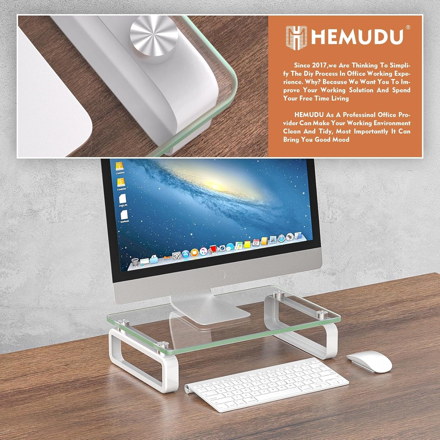image:imageHemudu Clear Computer Monitor Stand Riser Multi Media Desktop Stand for Flat Screen LCD LED TV LaptopNotebook with Tempered Glass and Metal Legs HD02T001Clear