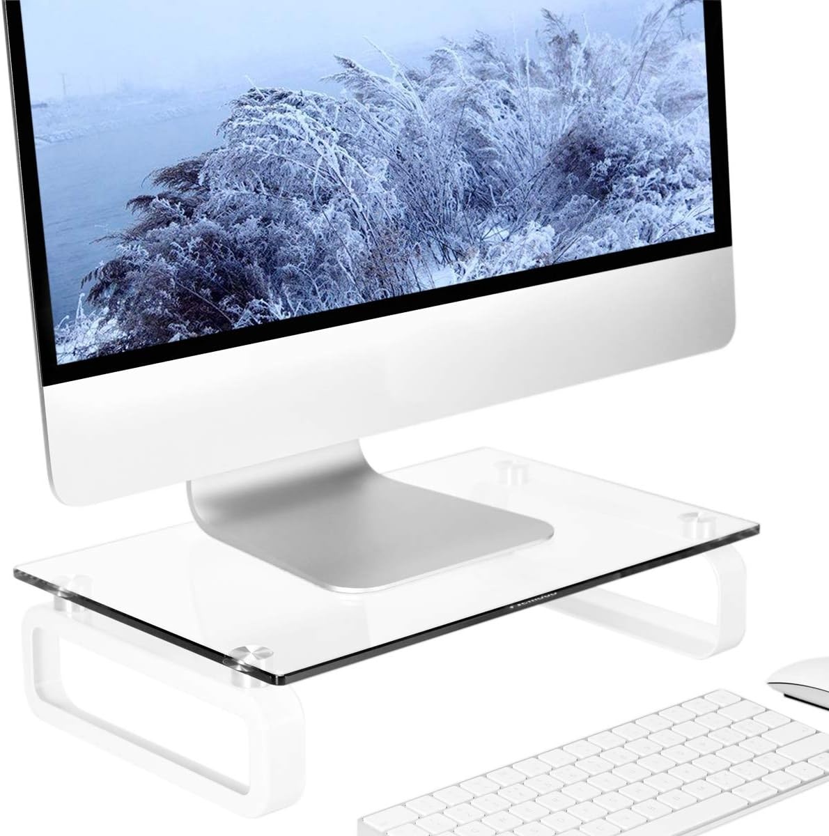 image:imageHemudu Clear Computer Monitor Stand Riser Multi Media Desktop Stand for Flat Screen LCD LED TV LaptopNotebook with Tempered Glass and Metal Legs HD02T001Clear