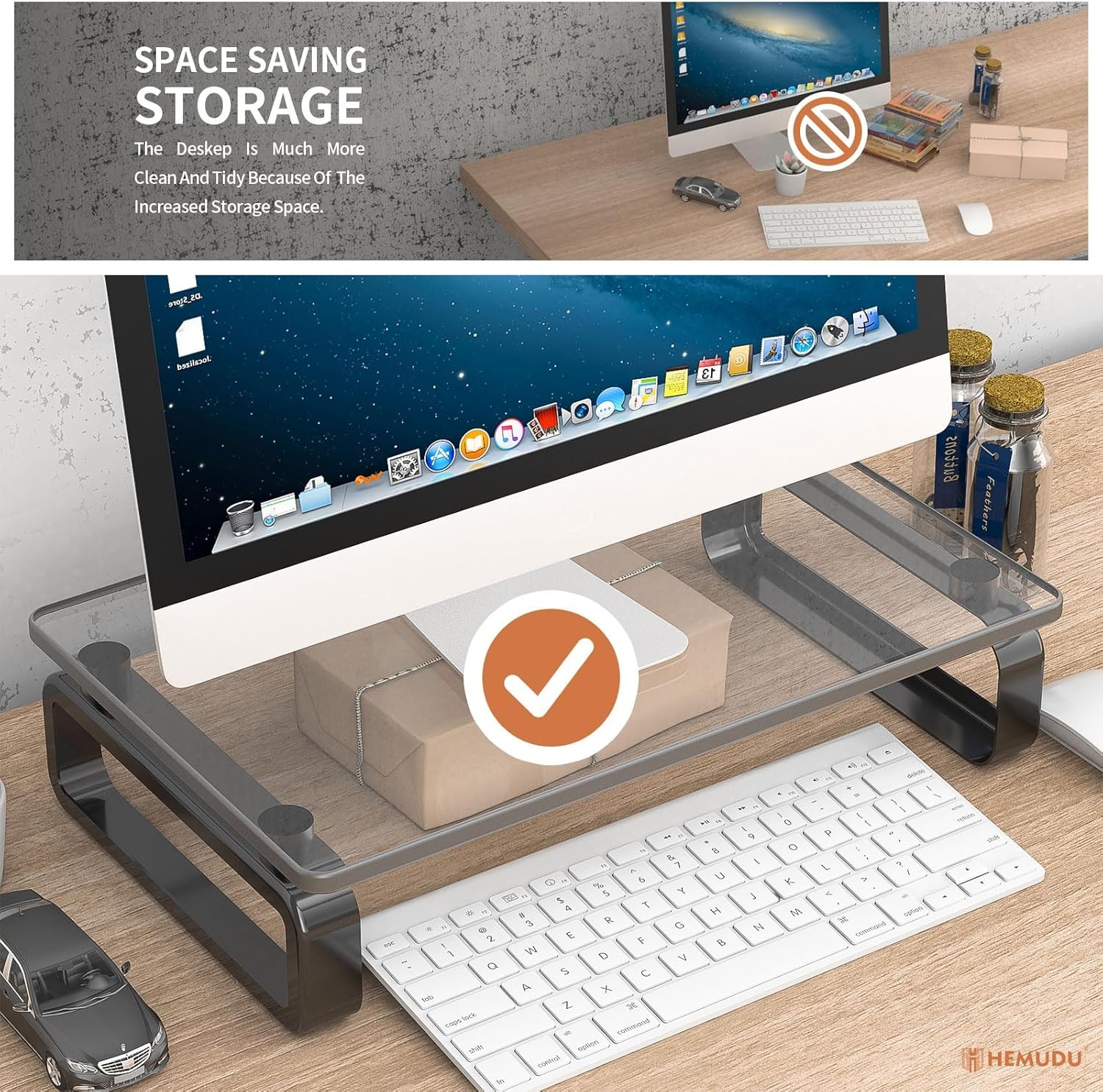 image:imageHemudu Clear Computer Monitor Stand Riser Multi Media Desktop Stand for Flat Screen LCD LED TV LaptopNotebook with Tempered Glass and Metal Legs HD02T001black
