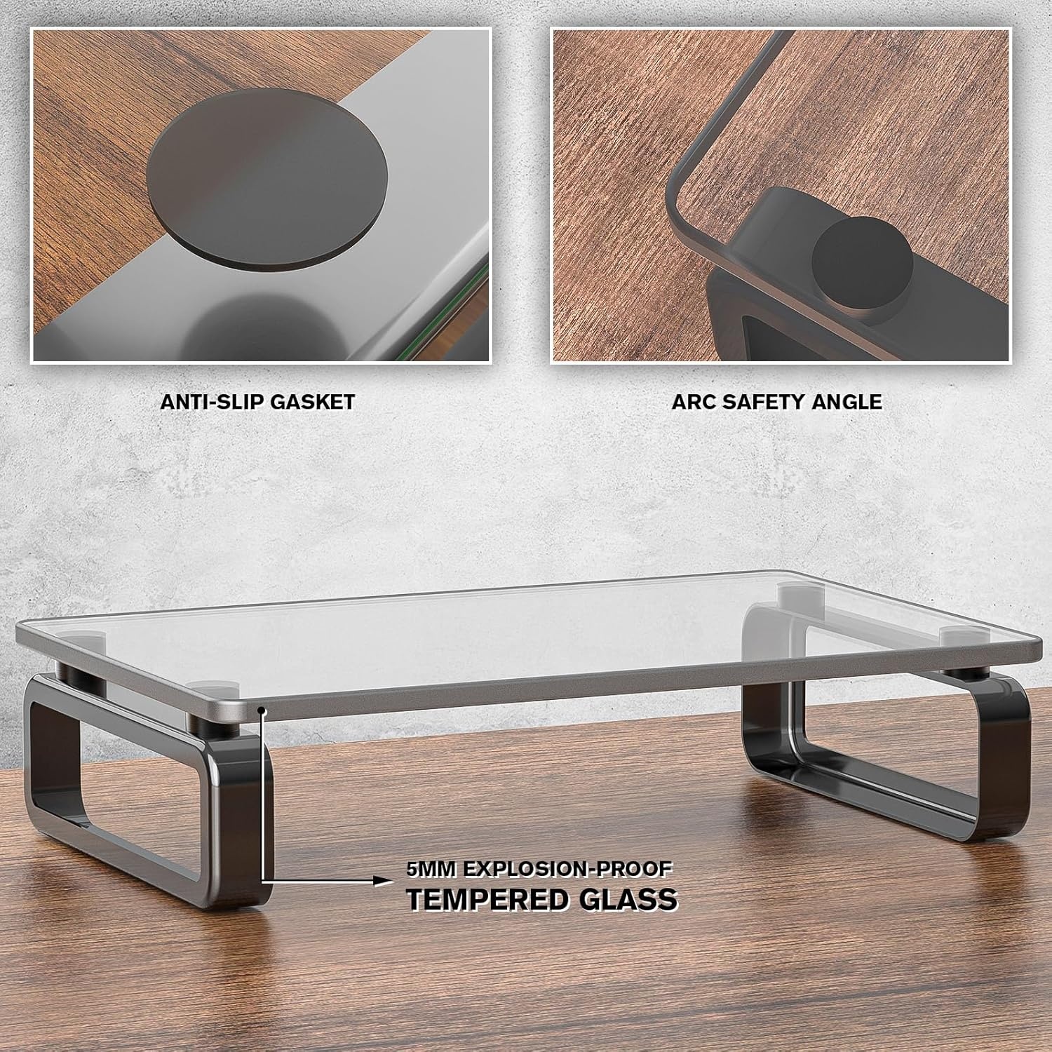 image:imageHemudu Clear Computer Monitor Stand Riser Multi Media Desktop Stand for Flat Screen LCD LED TV LaptopNotebook with Tempered Glass and Metal Legs HD02T001black