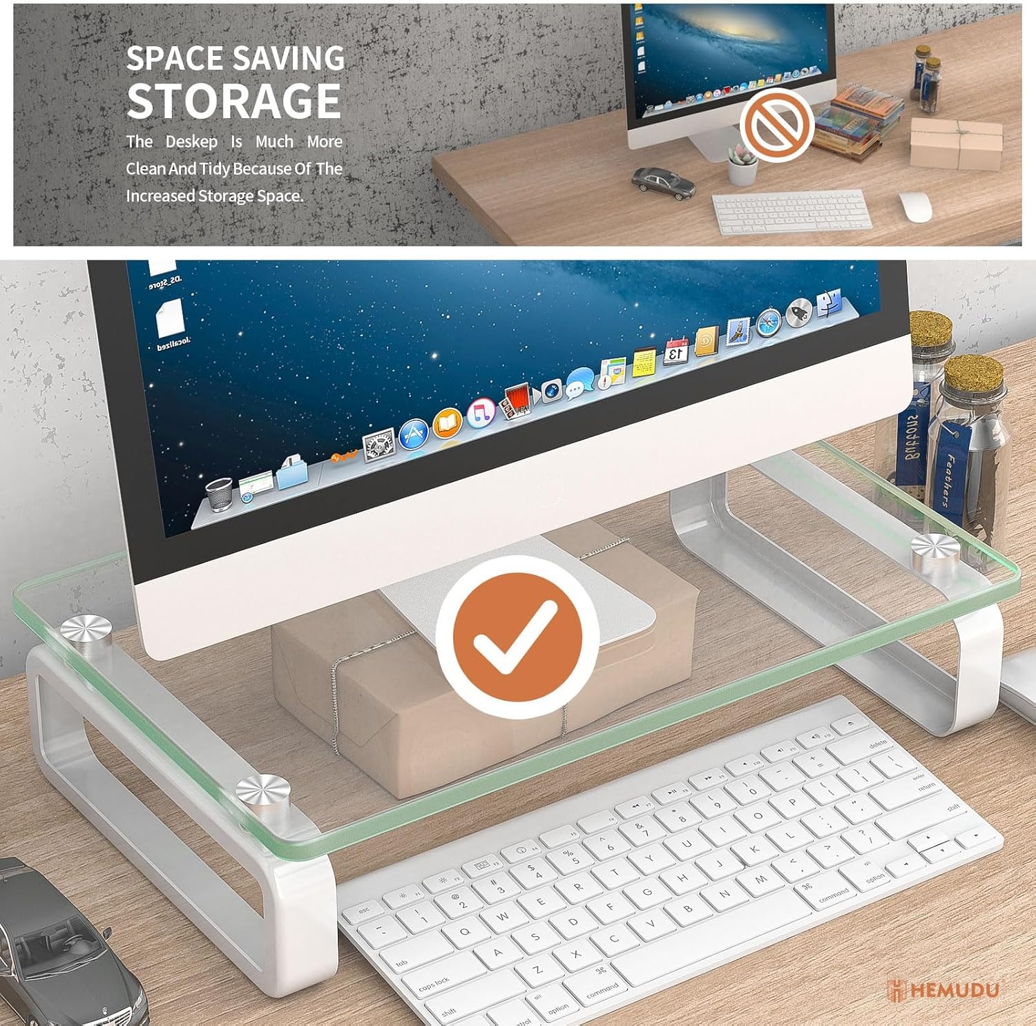 image:imageHemudu Clear Computer Monitor Stand Riser Multi Media Desktop Stand for Flat Screen LCD LED TV LaptopNotebook with Tempered Glass and Metal Legs HD02T001Clear