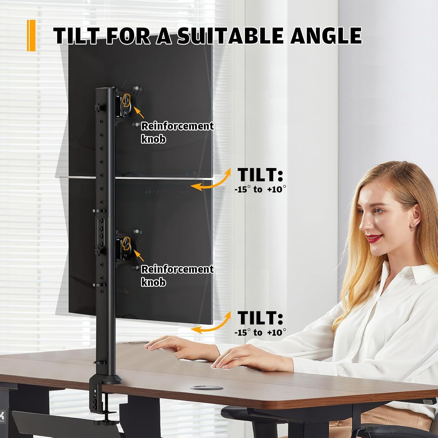 image:imageHemudu Dual Monitor Articulating Desk Mount Arm Stand Vertical Stack Screen Supports Two 13 to 34 Inch Computer Monitors with C Clamp WhiteBlack
