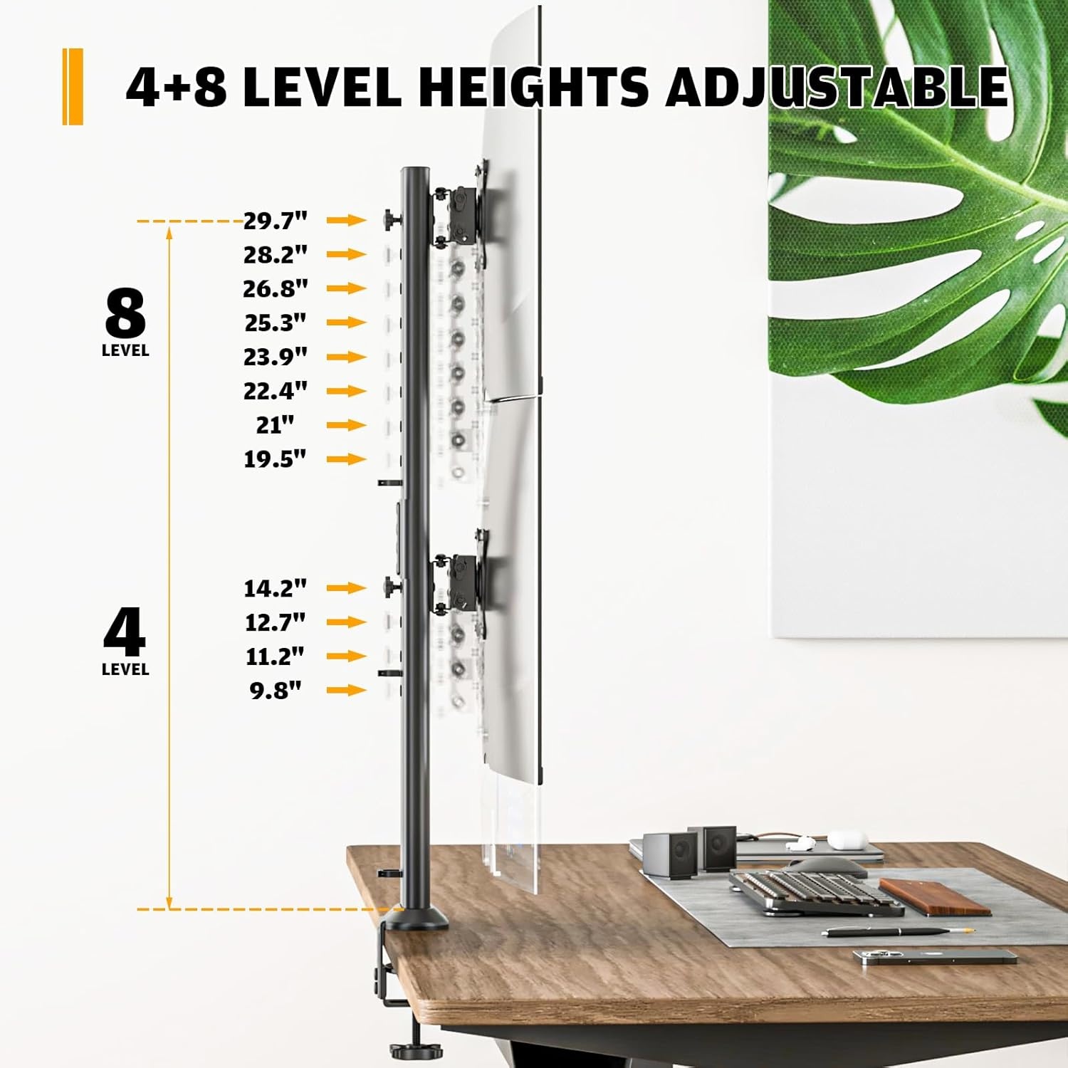 image:imageHemudu Dual Monitor Articulating Desk Mount Arm Stand Vertical Stack Screen Supports Two 13 to 34 Inch Computer Monitors with C Clamp WhiteBlack