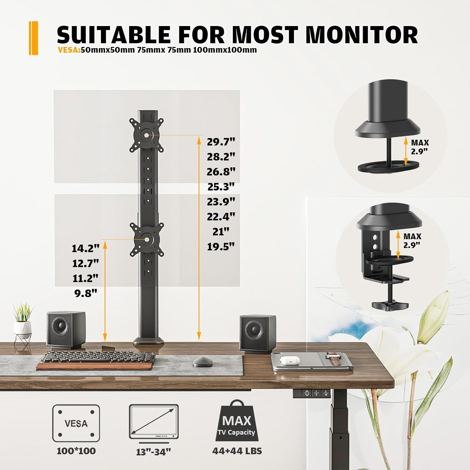 image:imageHemudu Dual Monitor Articulating Desk Mount Arm Stand Vertical Stack Screen Supports Two 13 to 34 Inch Computer Monitors with C Clamp WhiteBlack