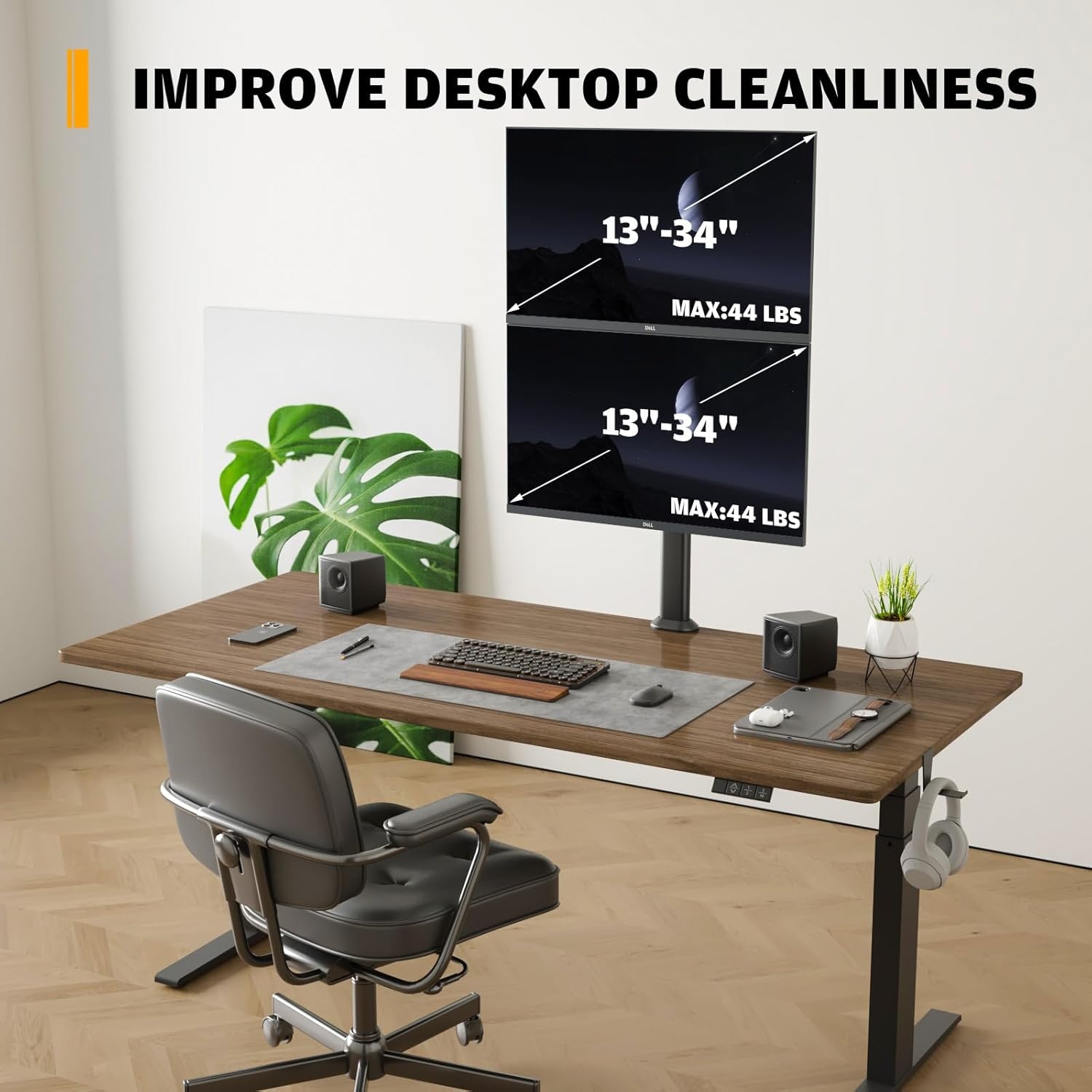 image:imageHemudu Dual Monitor Articulating Desk Mount Arm Stand Vertical Stack Screen Supports Two 13 to 34 Inch Computer Monitors with C Clamp WhiteBlack