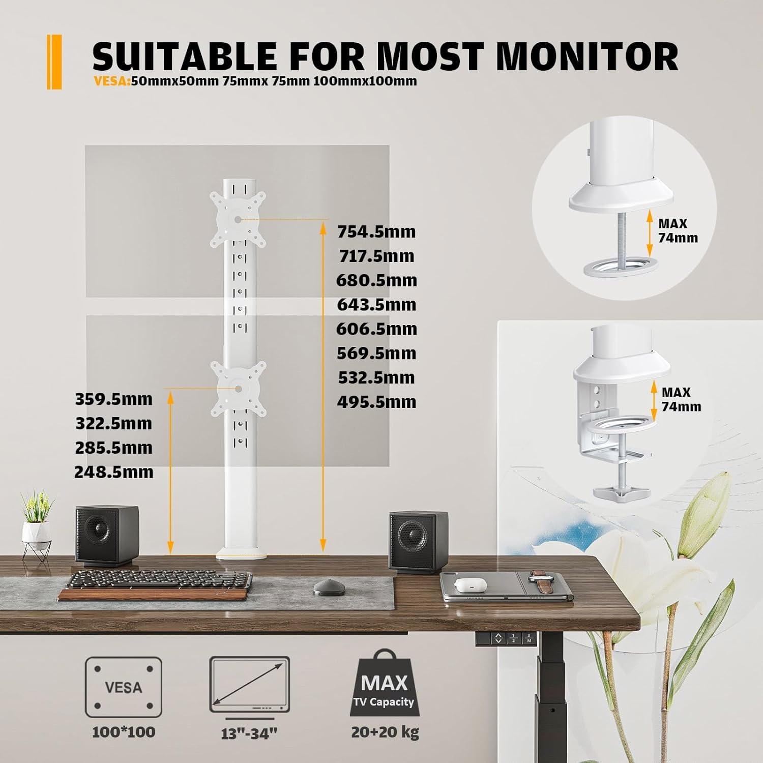 image:imageHemudu Dual Monitor Articulating Desk Mount Arm Stand Vertical Stack Screen Supports Two 13 to 34 Inch Computer Monitors with C Clamp WhiteWhite