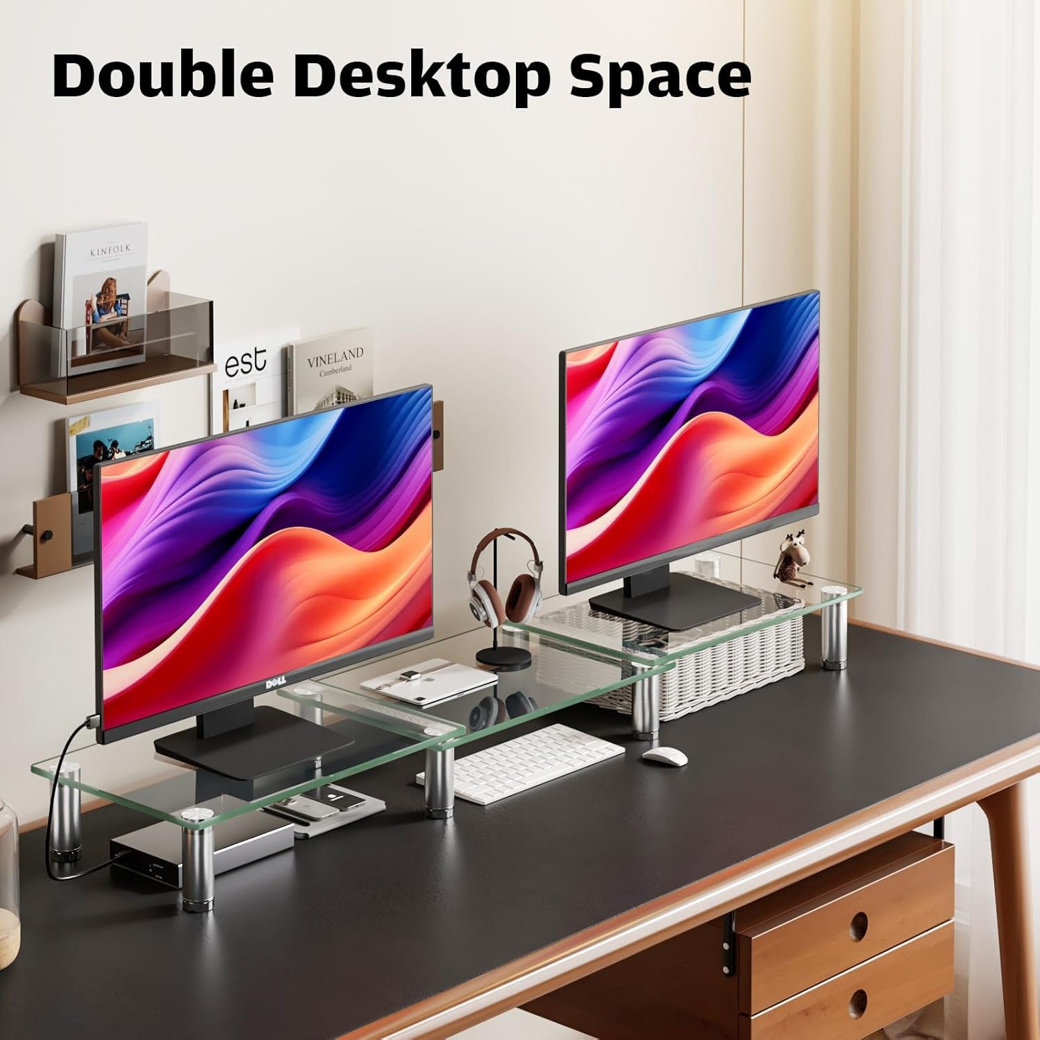 image:imageHemudu Dual Monitor Stand Adjustable Length and Angle Dual Monitor Riser Desktop Organizer for PC Computer Laptop Clear