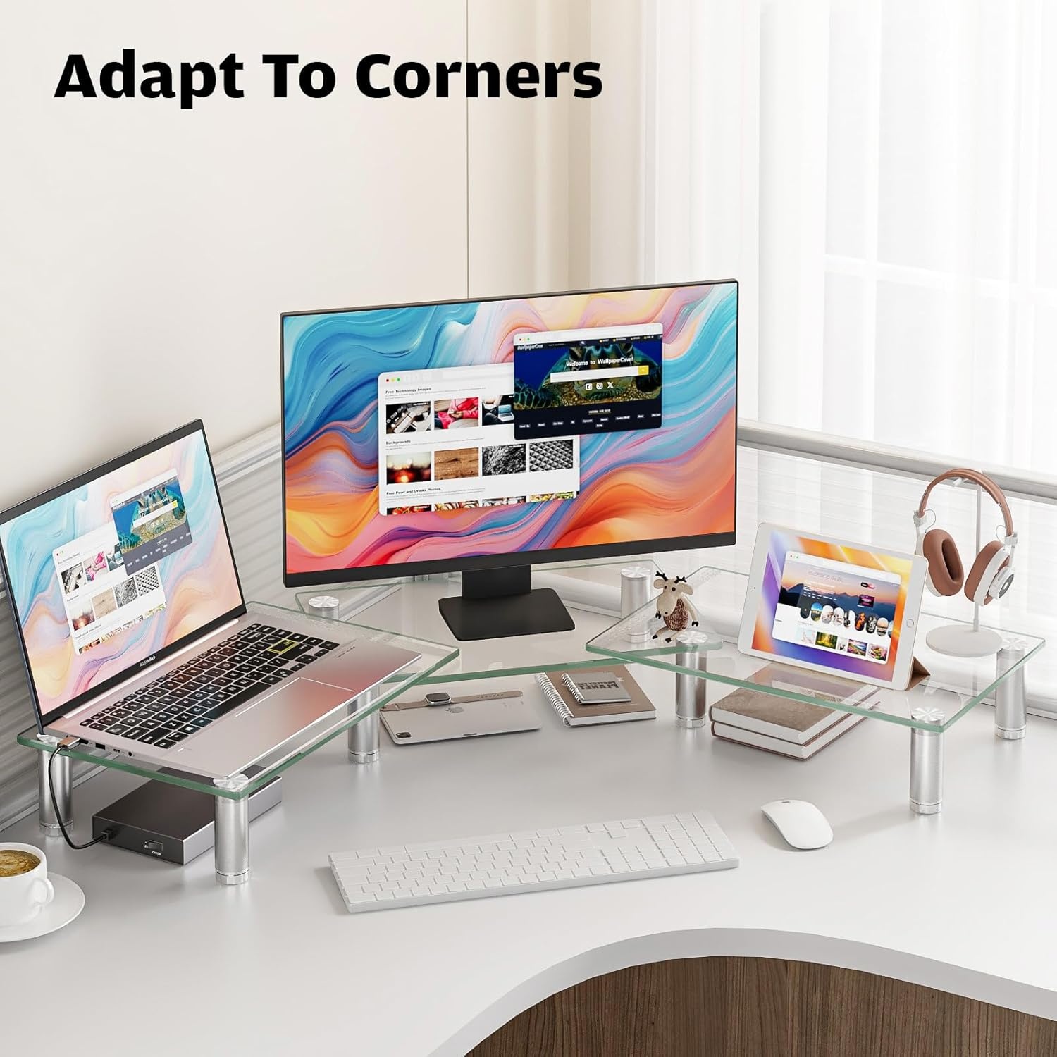 image:imageHemudu Dual Monitor Stand Adjustable Length and Angle Dual Monitor Riser Desktop Organizer for PC Computer Laptop Clear