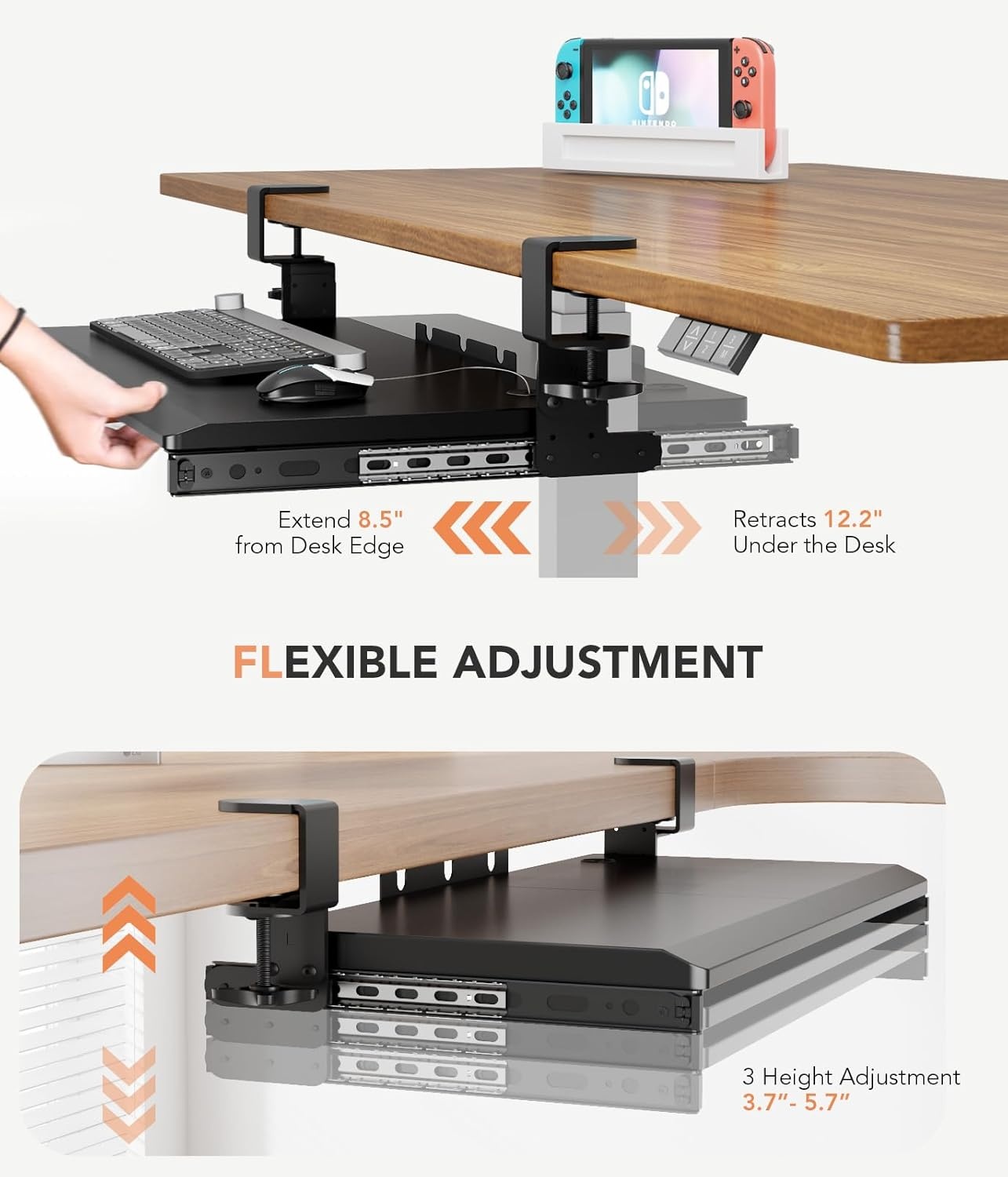 image:imageHemudu Keyboard Tray Under Desk Pull Out with Extra Sturdy C Clamp Mount System 273 325 inch Including Clamps x 11 Inch SlideOut Platform Computer Drawer for Typing Black