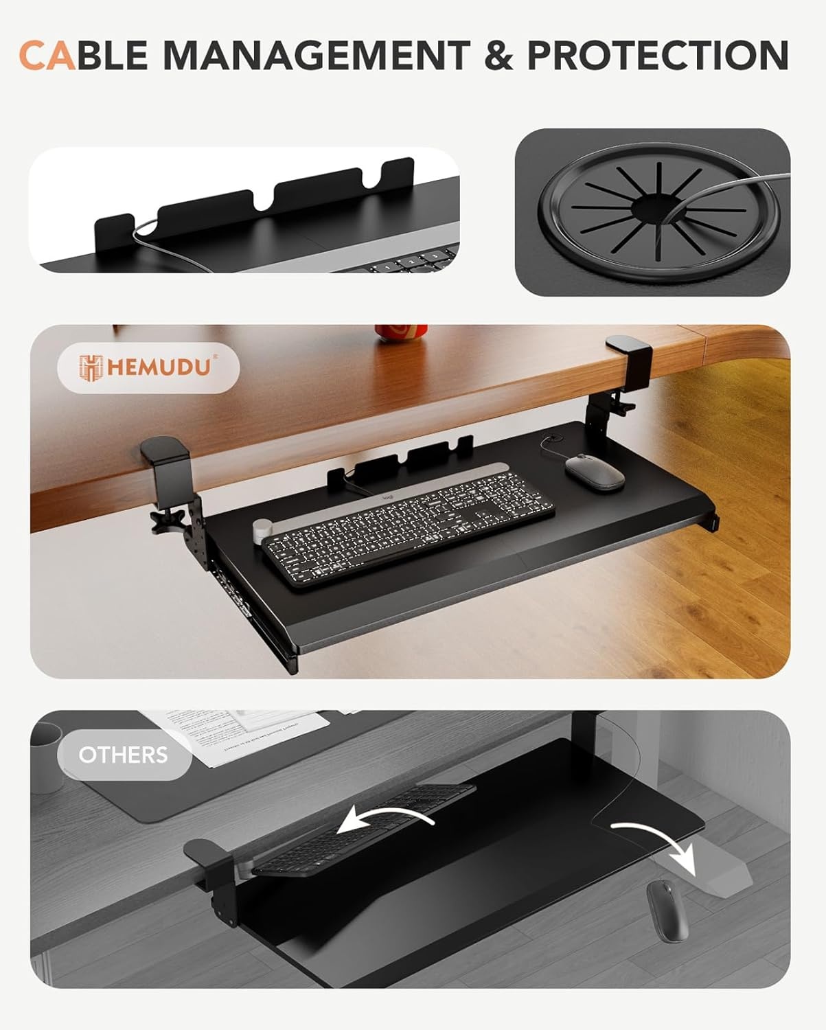 image:imageHemudu Keyboard Tray Under Desk Pull Out with Extra Sturdy C Clamp Mount System 273 325 inch Including Clamps x 11 Inch SlideOut Platform Computer Drawer for Typing Black