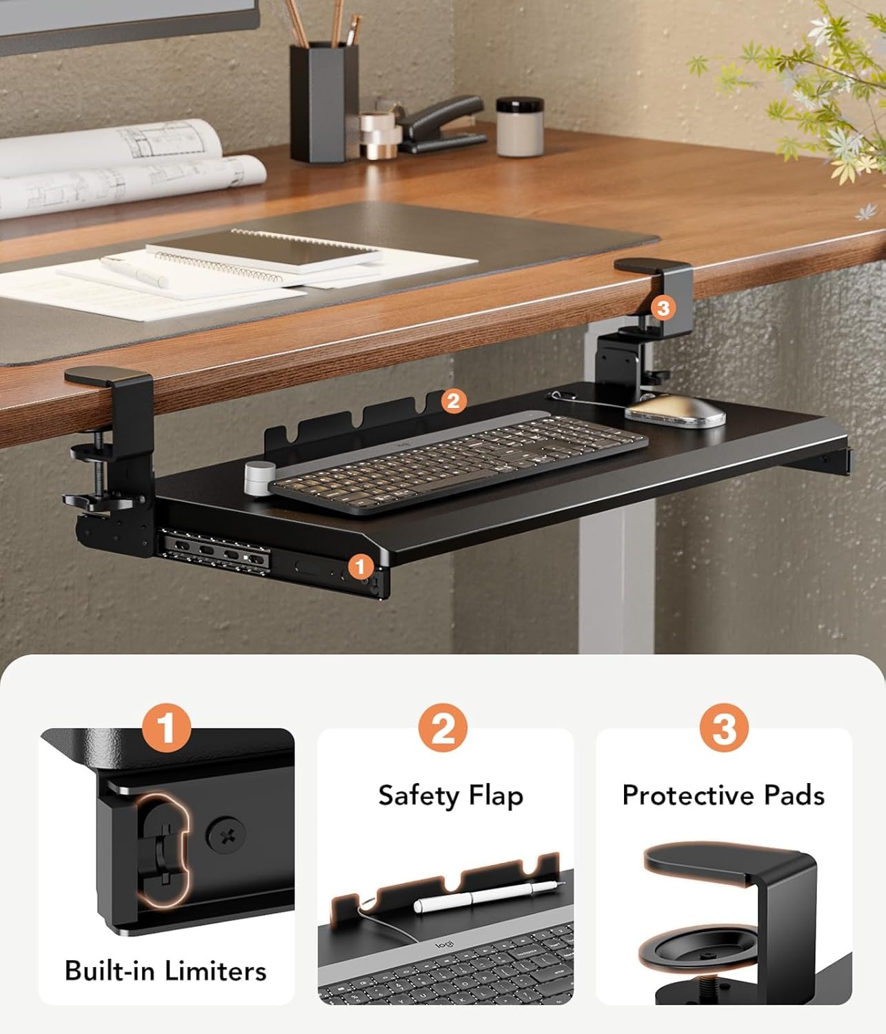 image:imageHemudu Keyboard Tray Under Desk Pull Out with Extra Sturdy C Clamp Mount System 273 325 inch Including Clamps x 11 Inch SlideOut Platform Computer Drawer for Typing Black