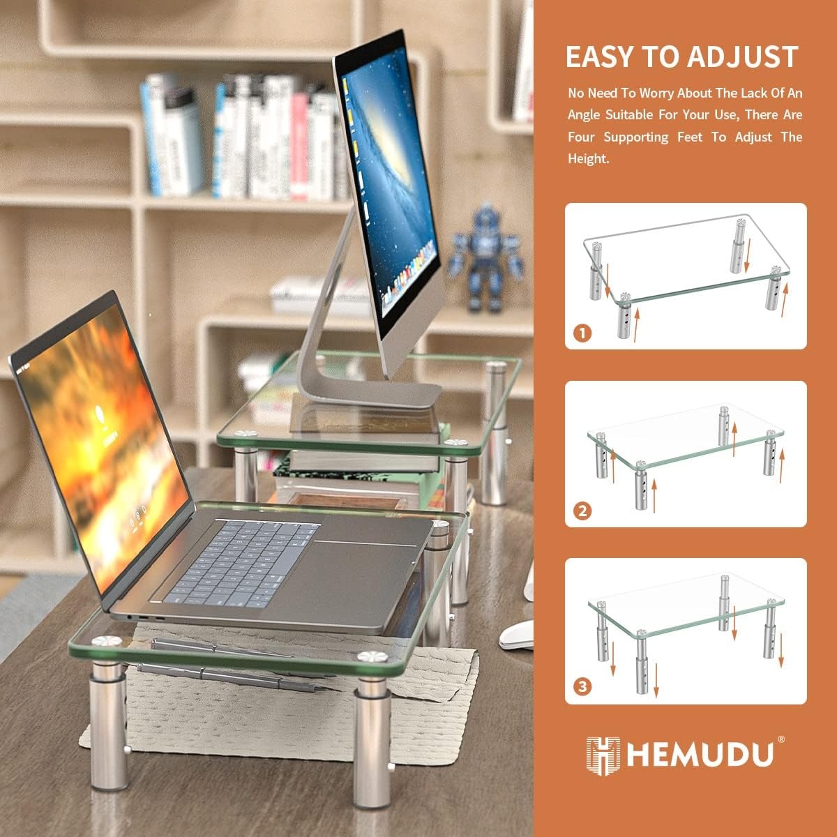 image:imageHemudu Monitor Stand 3 Adjustable Height Monitor Riser Computer Monitor Stand Desktop Organizer Monitor Stand Riser for PC Computer Laptop Clear2 Pcs computer monitor stand