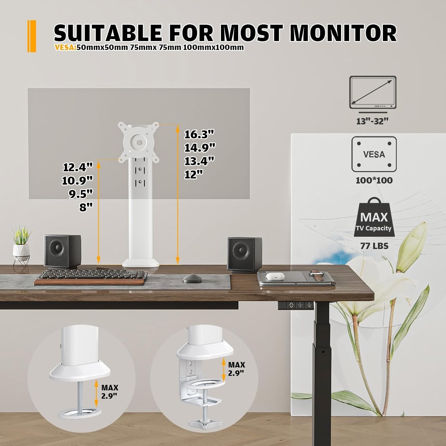 image:imageHemudu Single Desk Monitor Arm Mount Stand Fit for 13 inch to 32 inch Flat Curved Computer Screen with Swivel Height Adjustable RotationHolds up to 77lbs White1332 inches