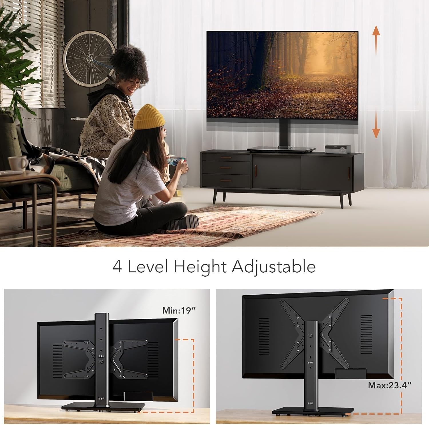 image:imageHemudu Universal Swivel TV StandBase Table Top TV Stand for 21 to 50 inch TVs with 90 Degree Swivel 4 Level Height Adjustable Heavy Duty Tempered Glass Base Holds up to 99lbs HT02B00215 x 99 x 233 inches For 2150 TVs