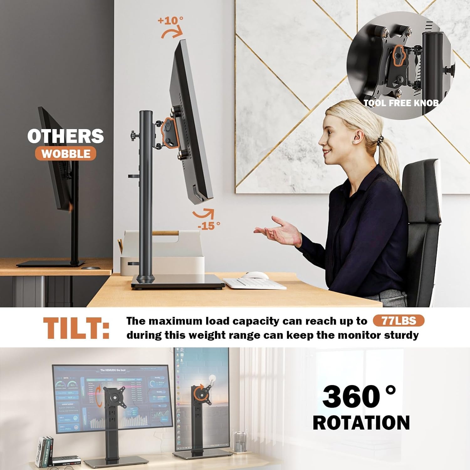 image:imageSingle LCD Computer Monitor FreeStanding Desk Stand Mount Riser for 13 inch to 32 inch screen with Swivel Height Adjustable Rotation Vesa Base Stand Holds One 1 Screen up to 77LbsHT05B001Black