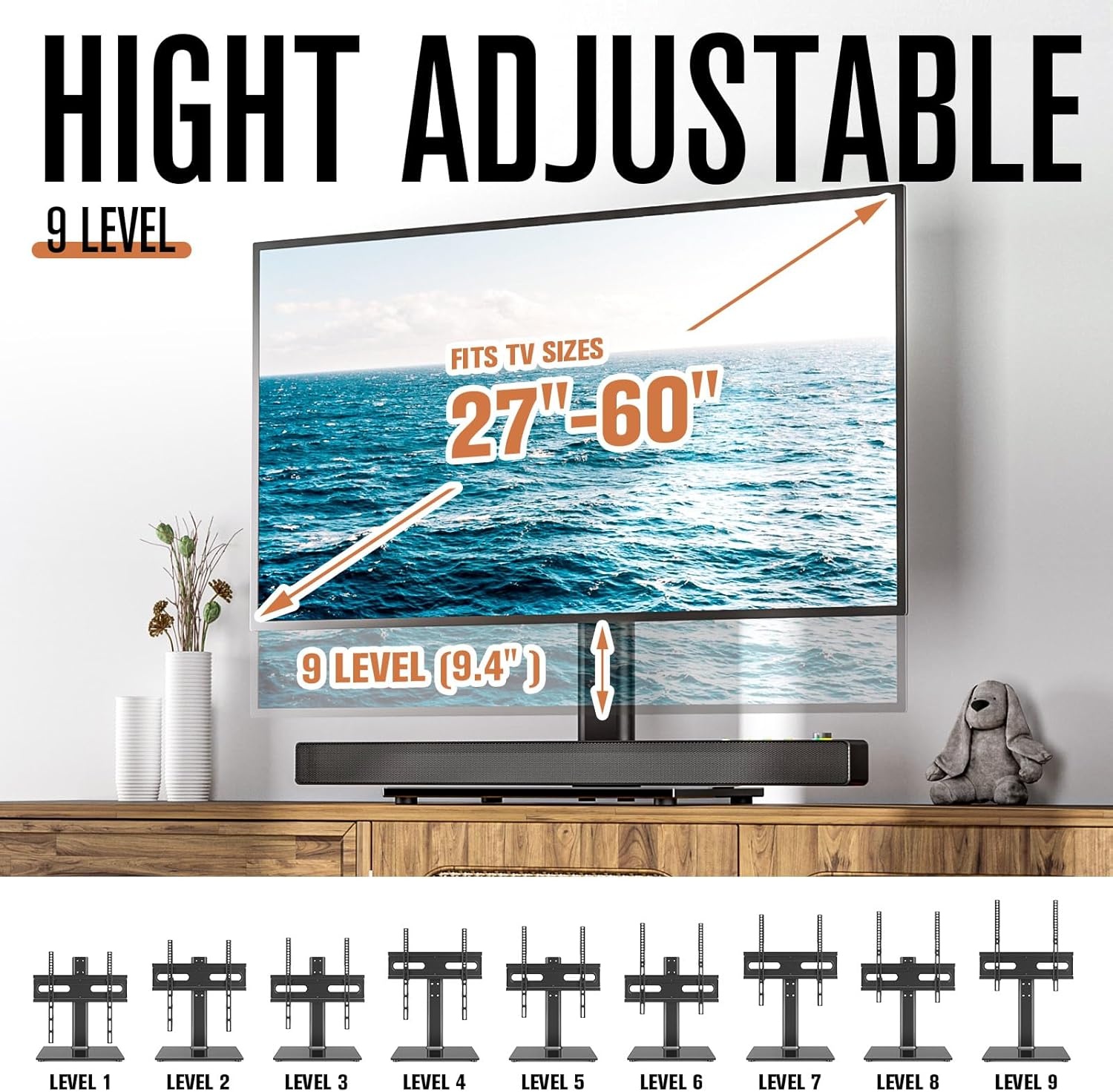 image:imageUniversal Swivel TV Stand Table Top TV Stand for 2760 inch LCD LED TVs Height Adjustable TV Base Stand with Tempered Glass Base amp Wire Management VESA 400x400mm HT06B002