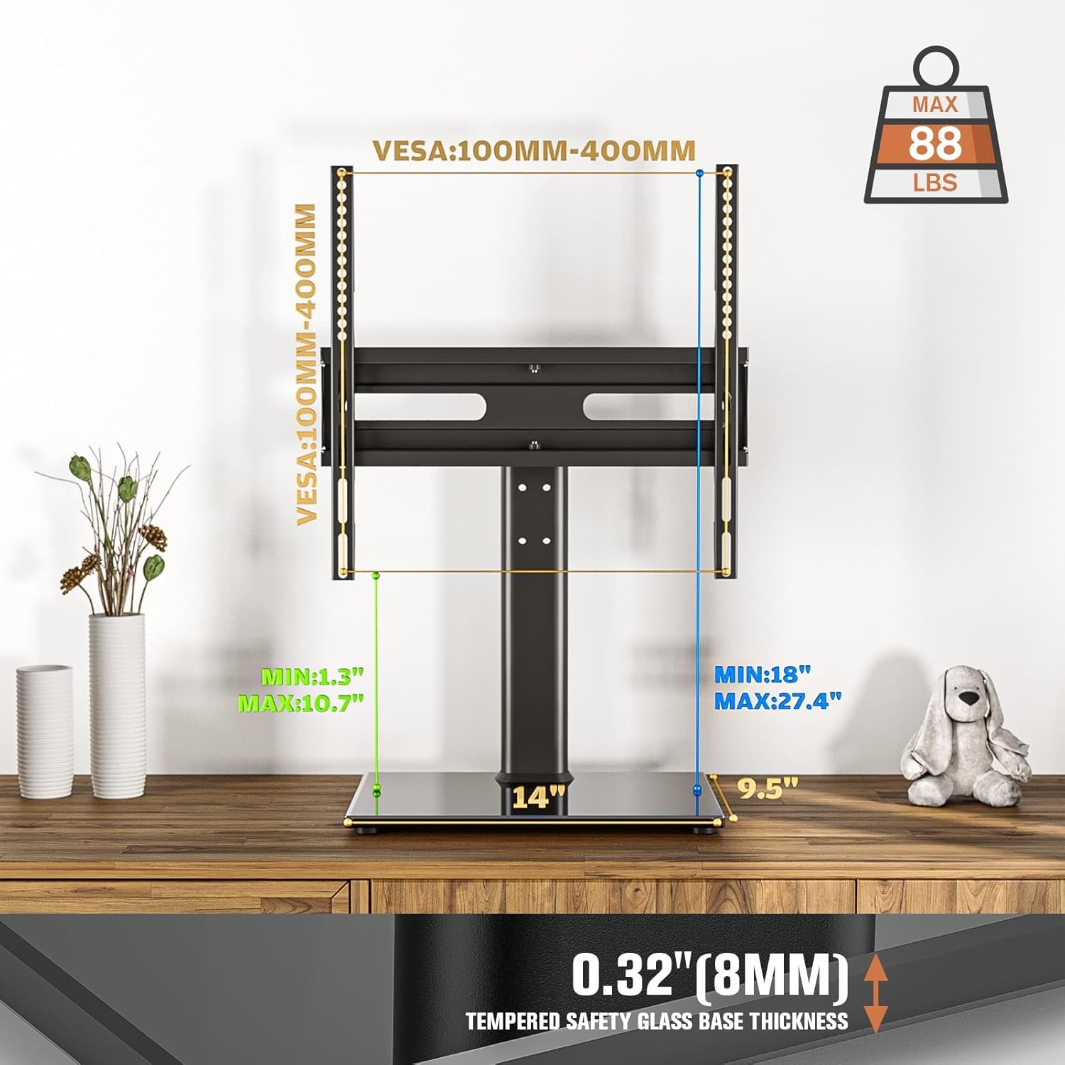 image:imageUniversal Swivel TV Stand Table Top TV Stand for 2760 inch LCD LED TVs Height Adjustable TV Base Stand with Tempered Glass Base amp Wire Management VESA 400x400mm HT06B002