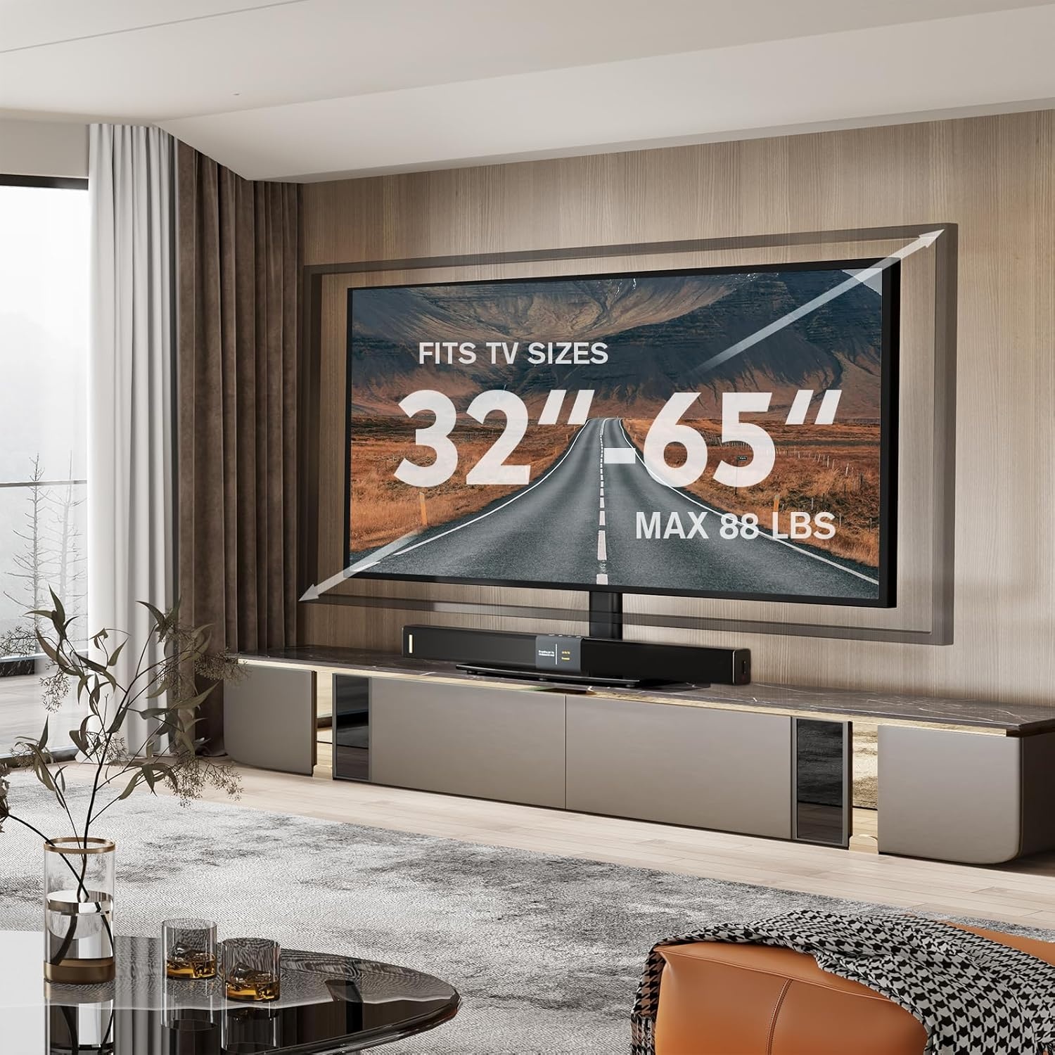image:imageUniversal Swivel TV StandBase Table Top TV Stand 32 to 65 inch TVs 80 Degree Swivel 4 Level Height Adjustable Heavy Duty Tempered Glass Base Holds up to 88lbs Screens HT04B0023265 SWIVEL TV STAND