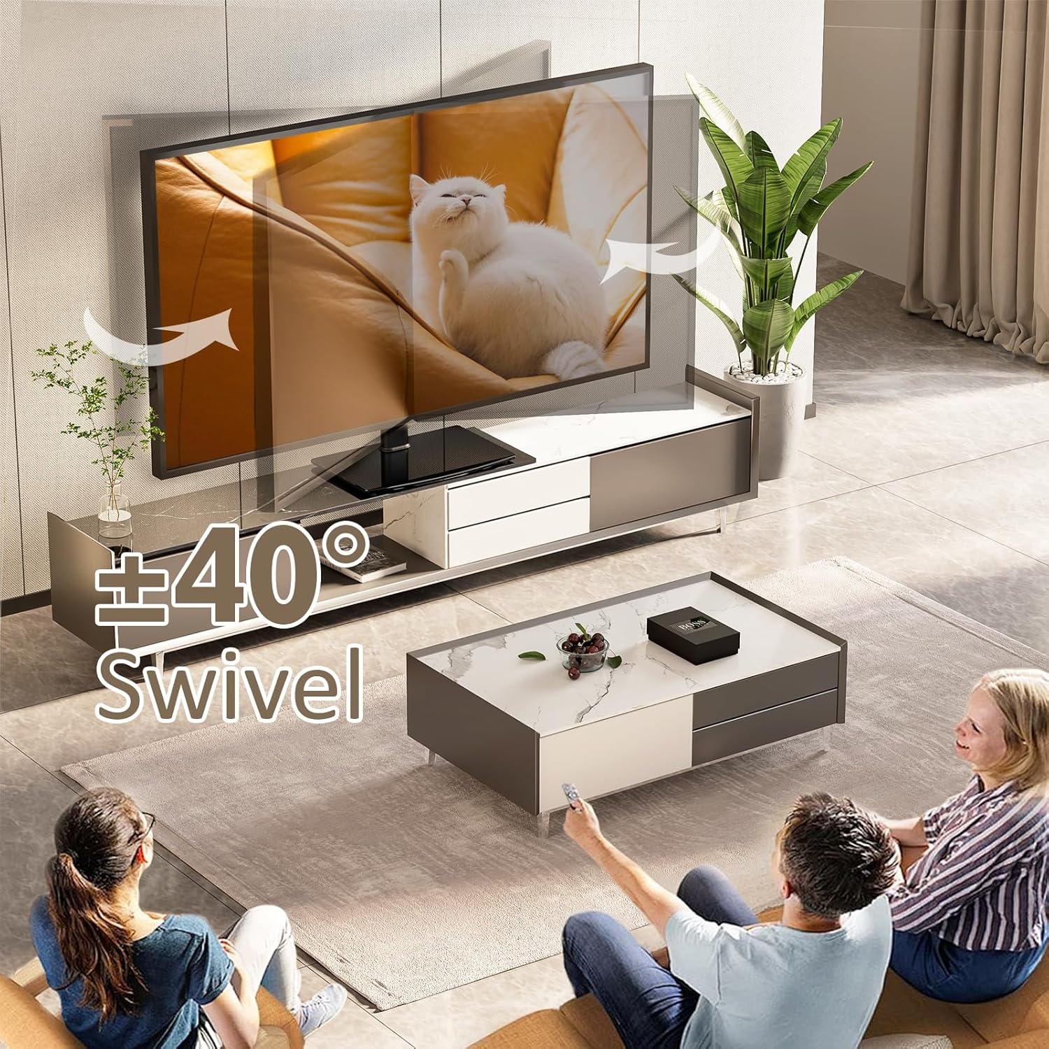 image:imageUniversal Swivel TV StandBase Table Top TV Stand 32 to 65 inch TVs 80 Degree Swivel 4 Level Height Adjustable Heavy Duty Tempered Glass Base Holds up to 88lbs Screens HT04B0023265 SWIVEL TV STAND