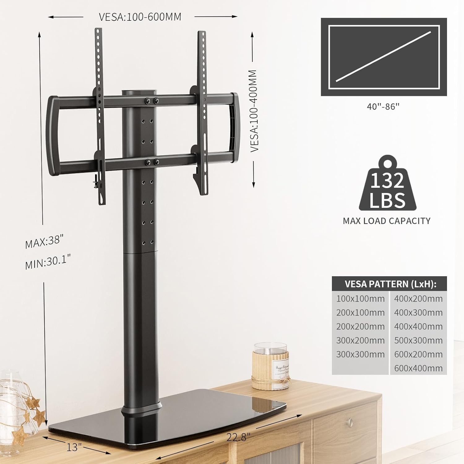 image:imageUniversal Swivel TV StandBase Table Top TV Stand 32 to 65 inch TVs 80 Degree Swivel 4 Level Height Adjustable Heavy Duty Tempered Glass Base Holds up to 88lbs Screens HT04B0024086 SWIVEL TV STAND