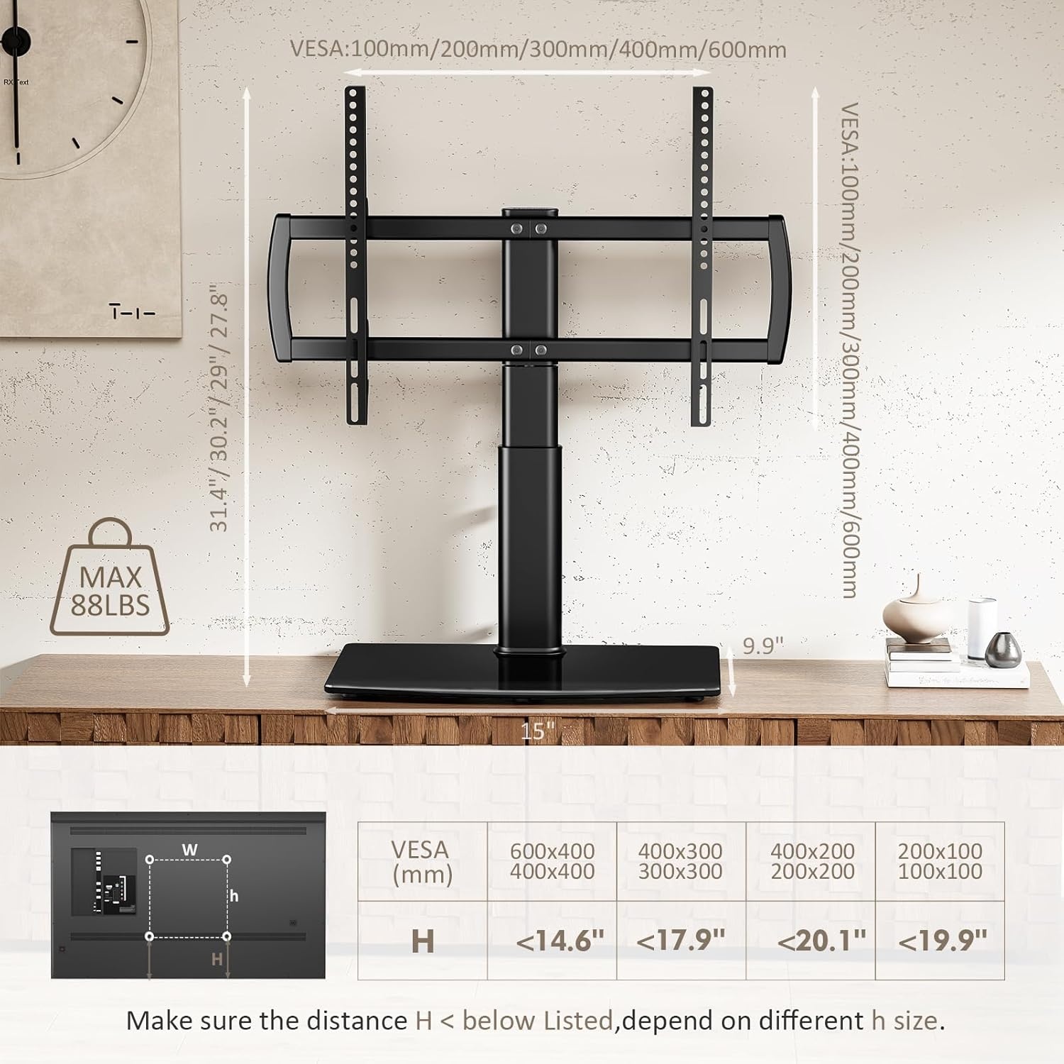 image:imageUniversal Swivel TV StandBase Table Top TV Stand 32 to 65 inch TVs 80 Degree Swivel 4 Level Height Adjustable Heavy Duty Tempered Glass Base Holds up to 88lbs Screens HT04B0023265 SWIVEL TV STAND