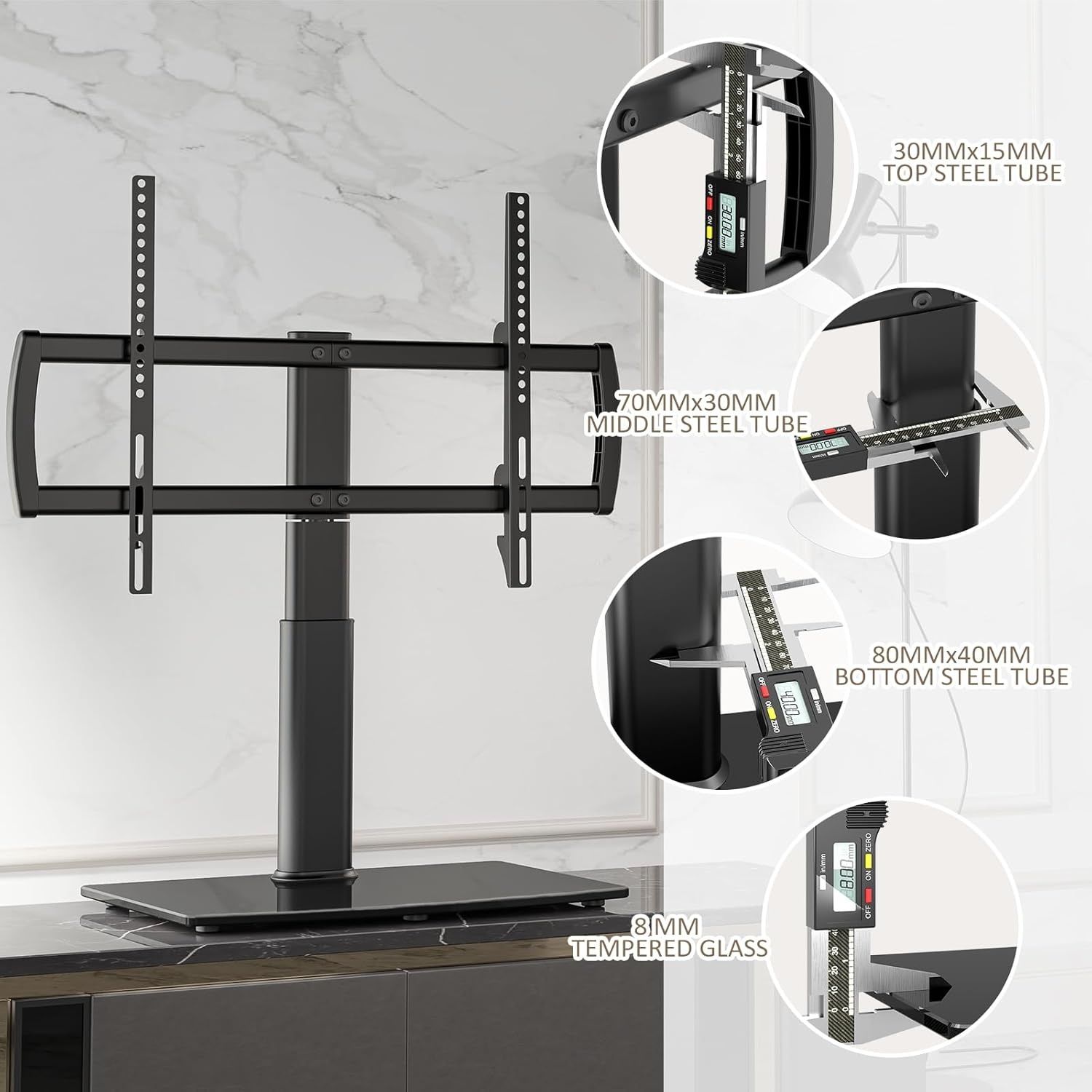 image:imageUniversal Swivel TV StandBase Table Top TV Stand 32 to 65 inch TVs 80 Degree Swivel 4 Level Height Adjustable Heavy Duty Tempered Glass Base Holds up to 88lbs Screens HT04B0023265 SWIVEL TV STAND