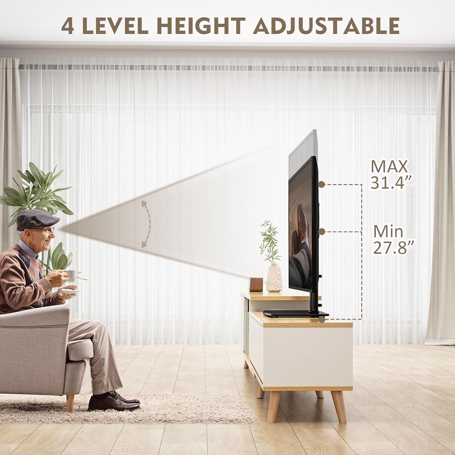 image:imageUniversal Swivel TV StandBase Table Top TV Stand 32 to 65 inch TVs 80 Degree Swivel 4 Level Height Adjustable Heavy Duty Tempered Glass Base Holds up to 88lbs Screens HT04B0023265 SWIVEL TV STAND