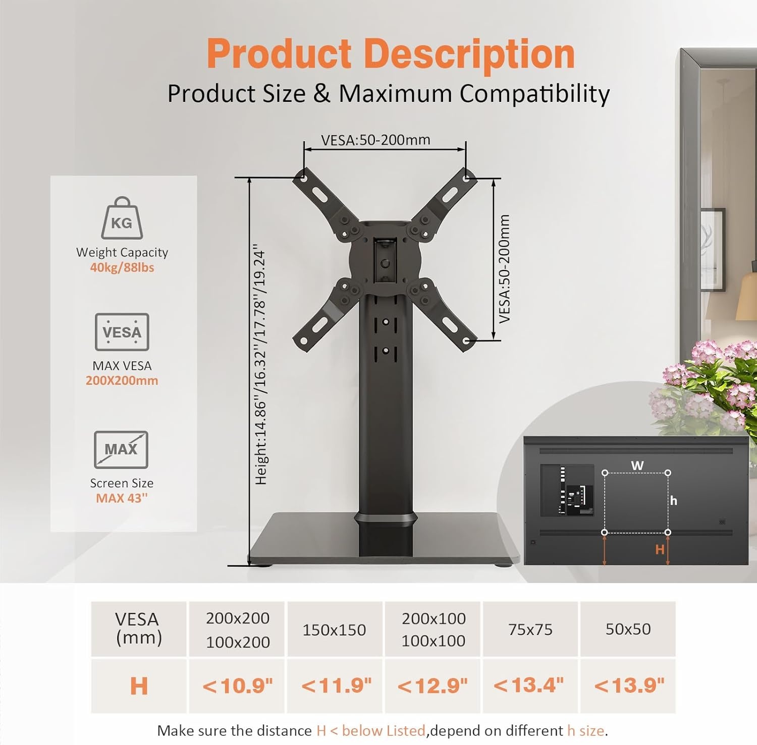 image:imageUniversal Swivel TV StandBase Table Top TV Stand for 13 to 32 inch TVs with 100 Degree Swivel 4 Level Height Adjustable Heavy Duty Tempered Glass Base Holds up to 77lbs HT07B0011339 HT07B002P