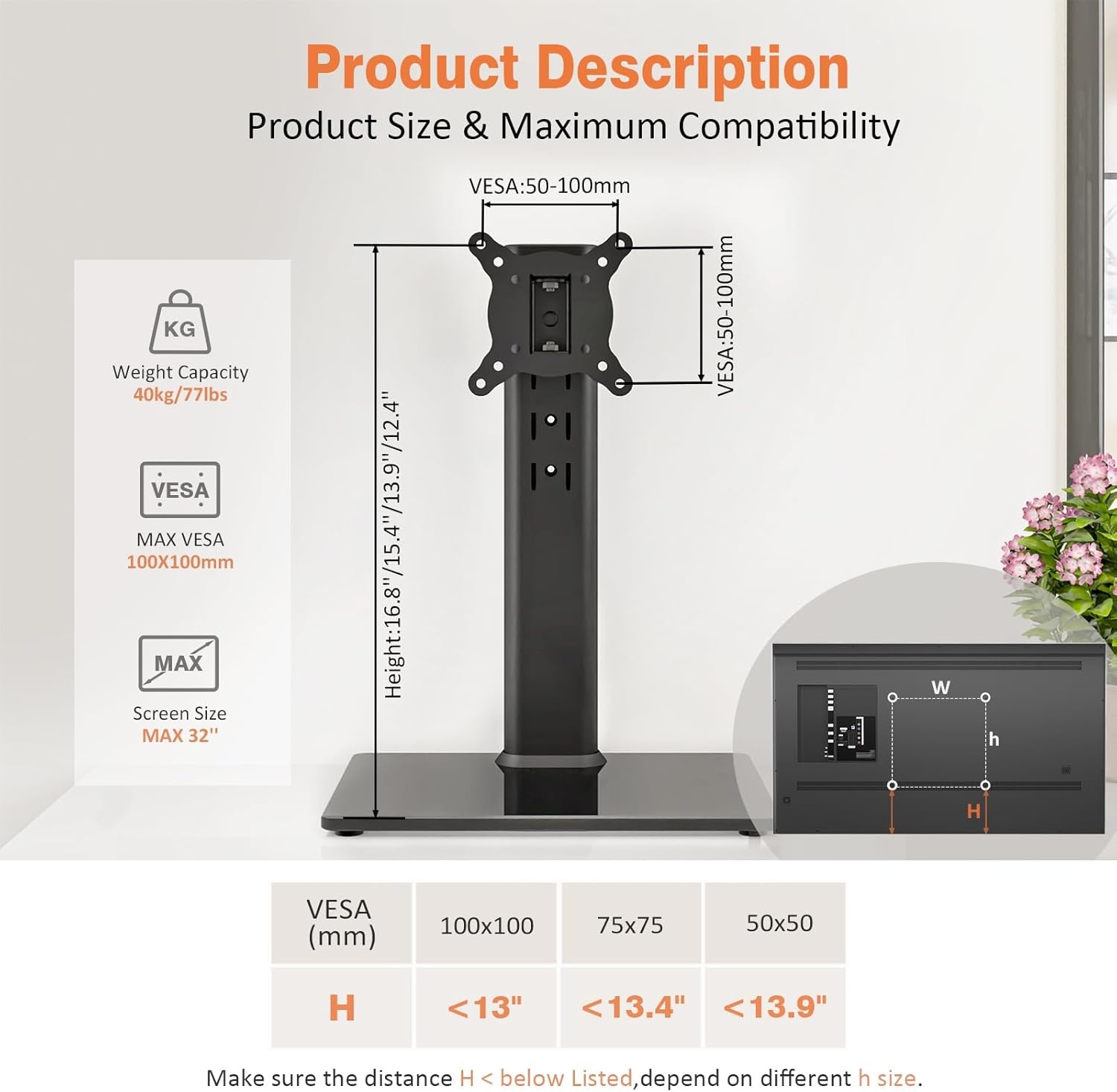 image:imageUniversal Swivel TV StandBase Table Top TV Stand for 13 to 32 inch TVs with 100 Degree Swivel 4 Level Height Adjustable Heavy Duty Tempered Glass Base Holds up to 77lbs HT07B0011332 HT07B001