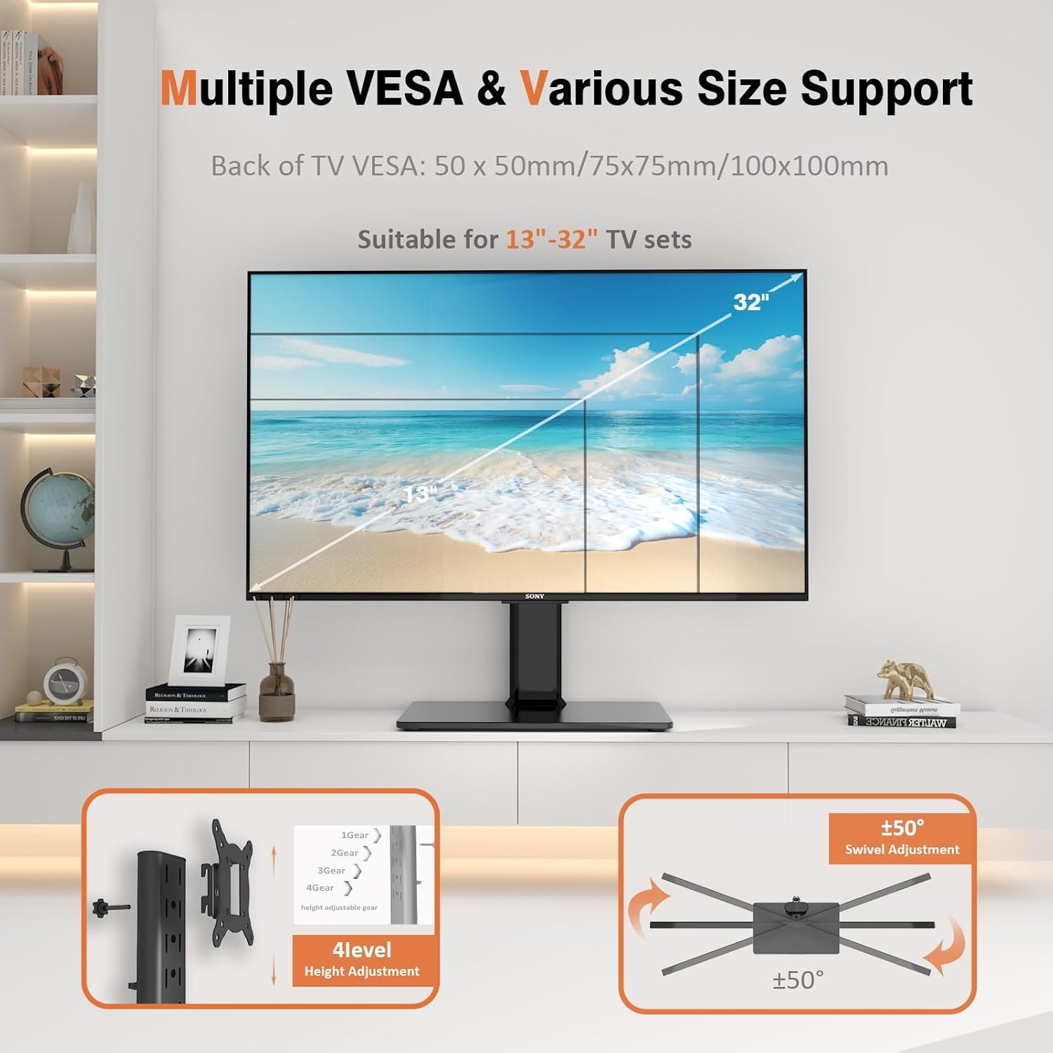 image:imageUniversal Swivel TV StandBase Table Top TV Stand for 13 to 32 inch TVs with 100 Degree Swivel 4 Level Height Adjustable Heavy Duty Tempered Glass Base Holds up to 77lbs HT07B0011332 HT07B001