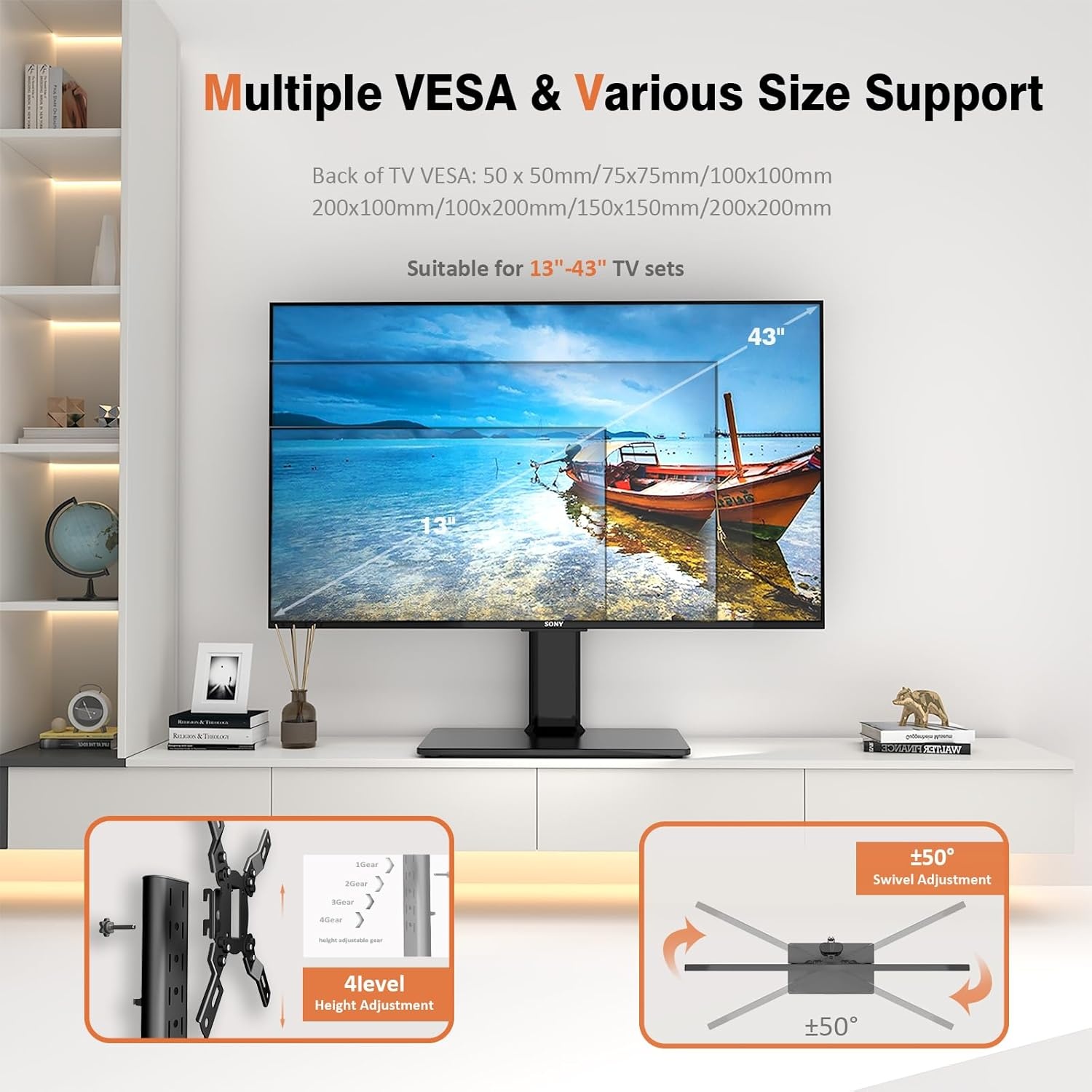 image:imageUniversal Swivel TV StandBase Table Top TV Stand for 13 to 32 inch TVs with 100 Degree Swivel 4 Level Height Adjustable Heavy Duty Tempered Glass Base Holds up to 77lbs HT07B0011339 HT07B002P