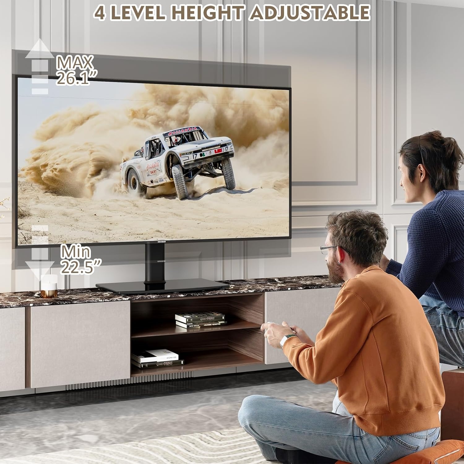 image:imageUniversal SwivelTable Top TV Stand 27 to 60 inch TVs 80 Degree Swivel 4 Level Height Adjustable Heavy Duty Tempered Glass Base Holds up to 99lbs Screens HT04B0012760 Universal Swivel TV Stand