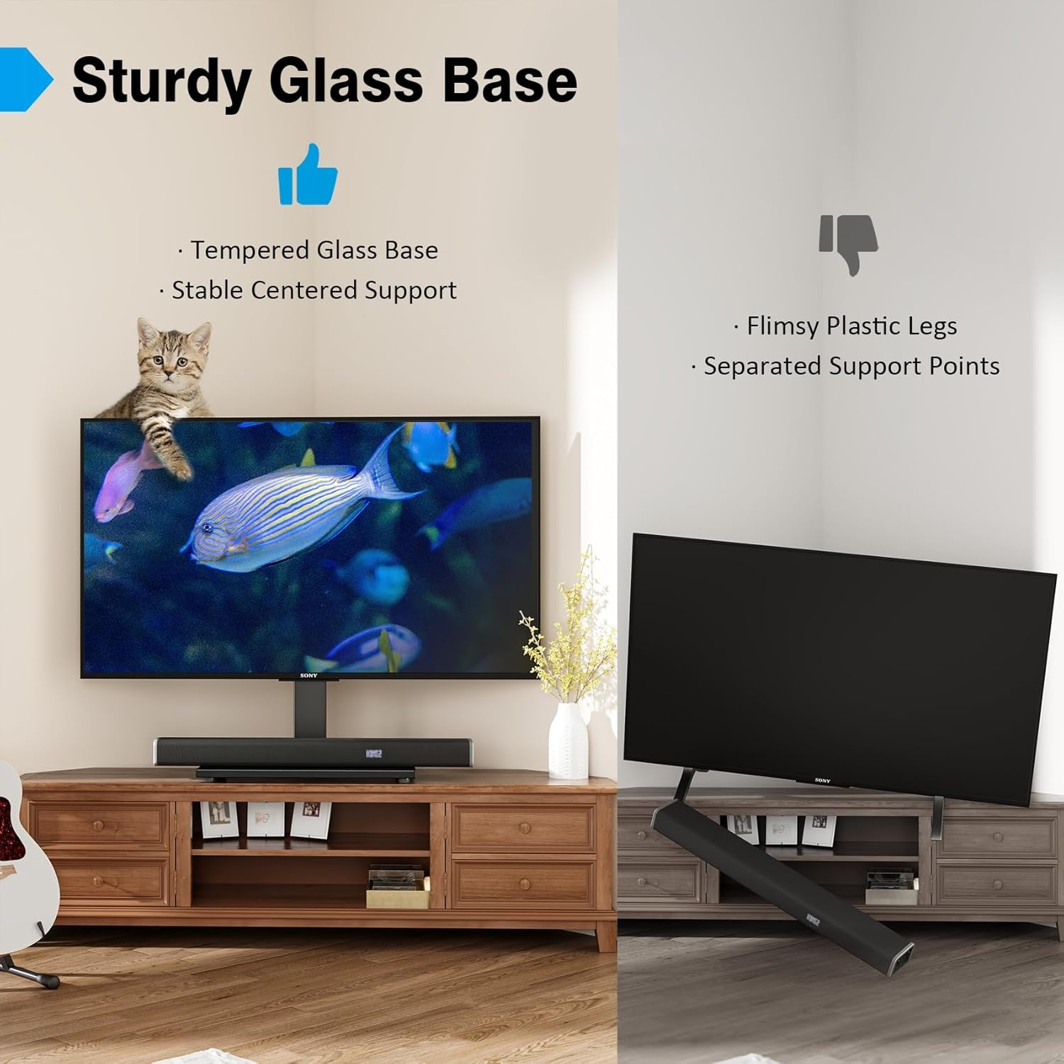 image:imageUniversal SwivelTable Top TV Stand 27 to 60 inch TVs 80 Degree Swivel 4 Level Height Adjustable Heavy Duty Tempered Glass Base Holds up to 99lbs Screens HT04B0012760 Universal Tabletop TV Stand