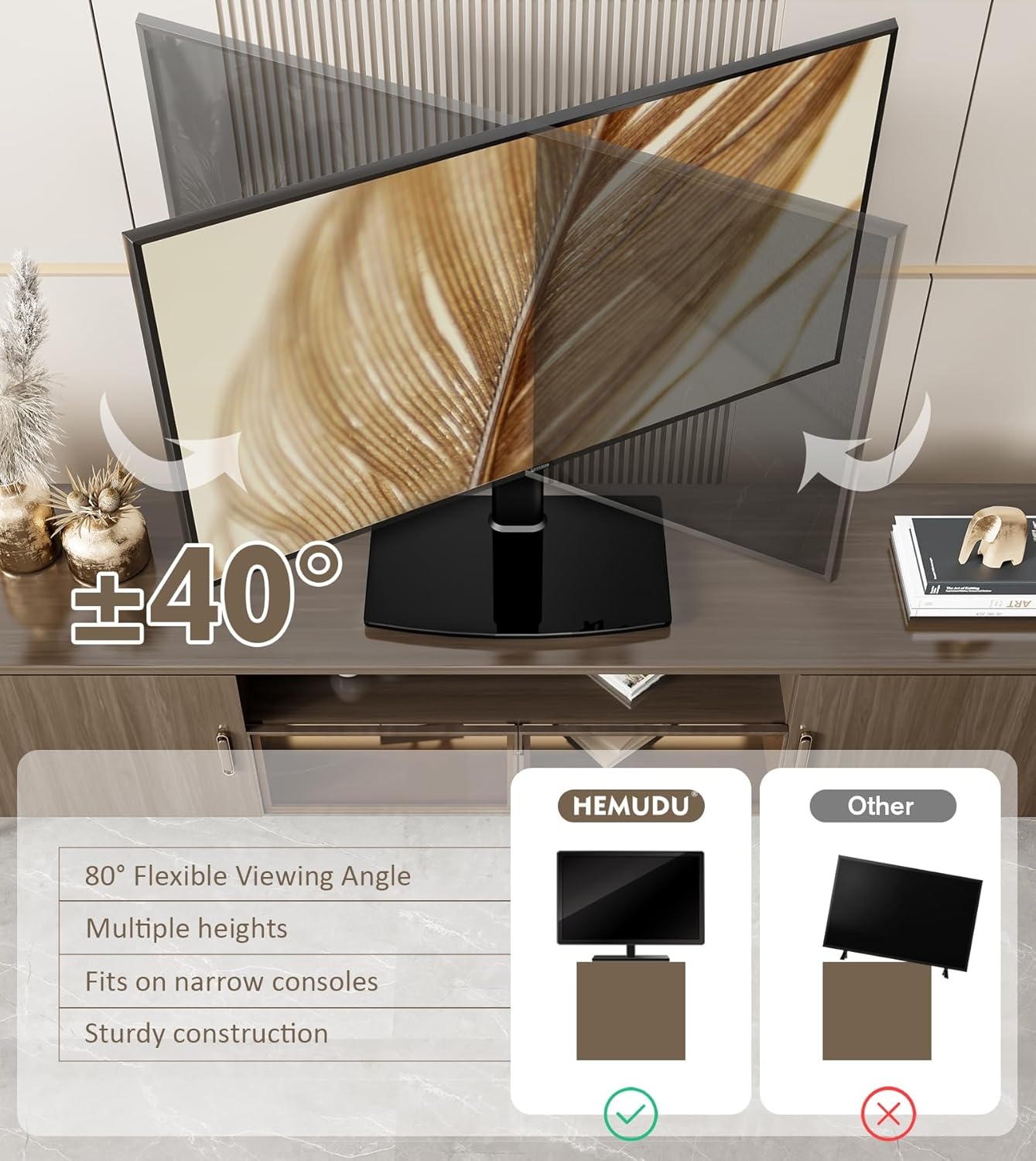 image:imageUniversal SwivelTable Top TV Stand 27 to 60 inch TVs 80 Degree Swivel 4 Level Height Adjustable Heavy Duty Tempered Glass Base Holds up to 99lbs Screens HT04B0012760 Universal Swivel TV Stand
