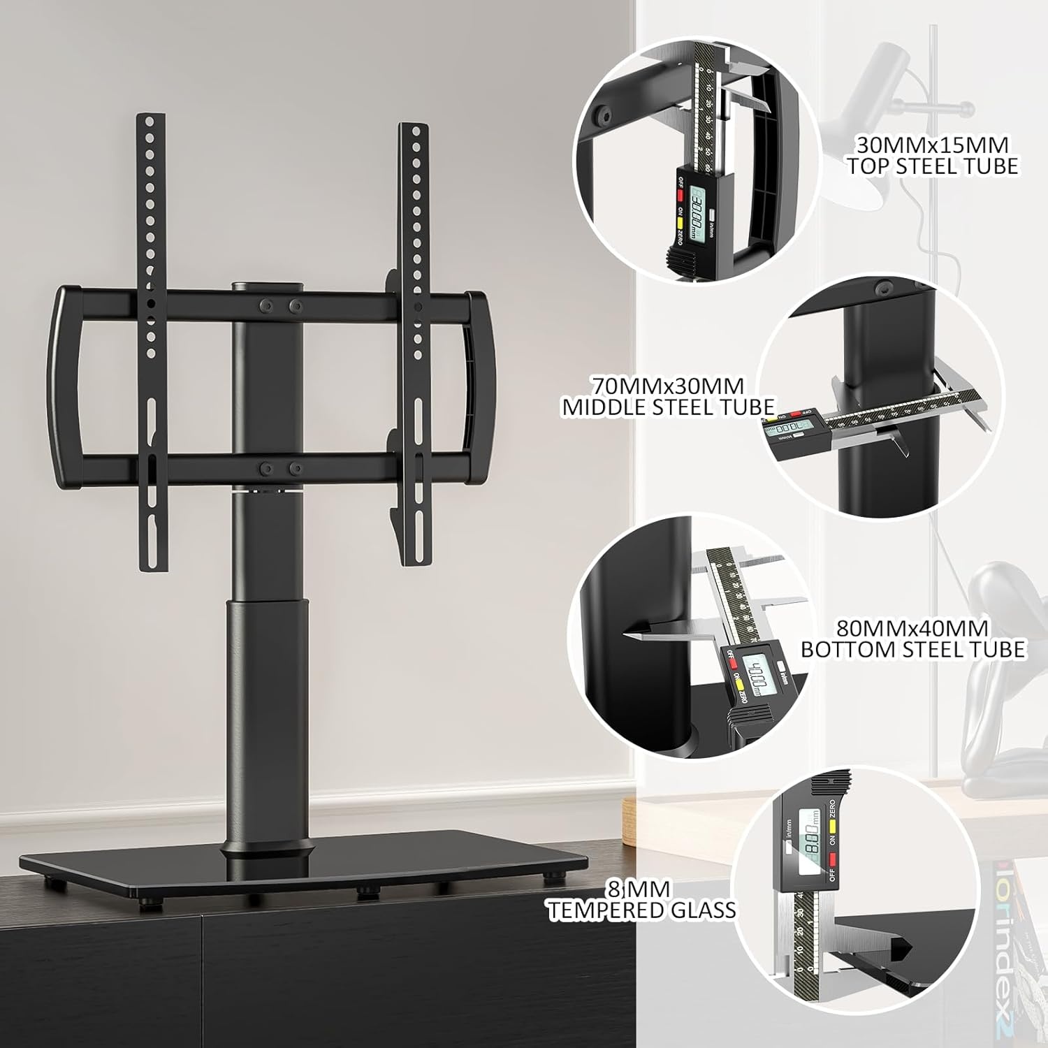 image:imageUniversal SwivelTable Top TV Stand 27 to 60 inch TVs 80 Degree Swivel 4 Level Height Adjustable Heavy Duty Tempered Glass Base Holds up to 99lbs Screens HT04B0012760 Universal Swivel TV Stand