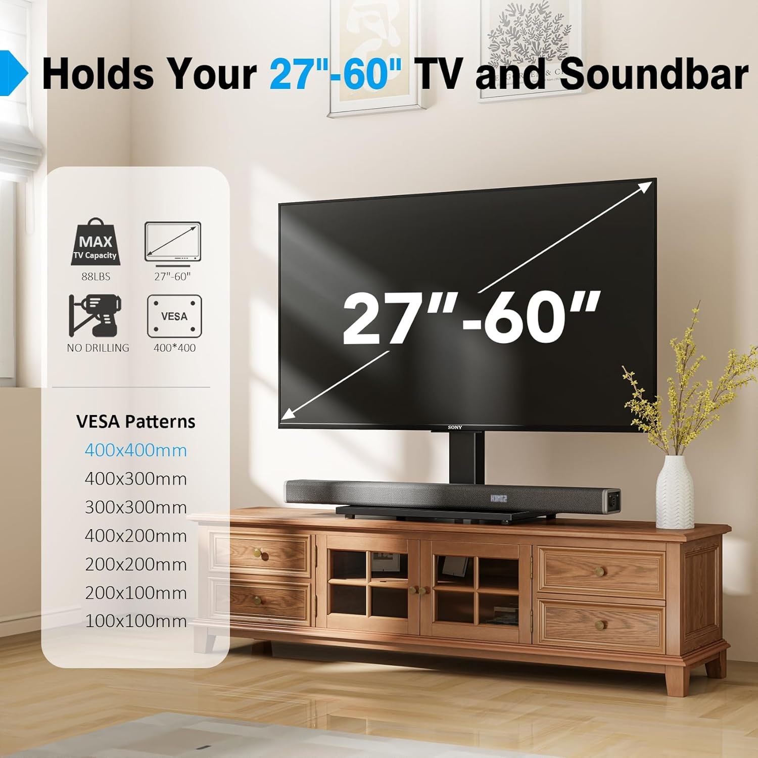 image:imageUniversal SwivelTable Top TV Stand 27 to 60 inch TVs 80 Degree Swivel 4 Level Height Adjustable Heavy Duty Tempered Glass Base Holds up to 99lbs Screens HT04B0012760 Universal Tabletop TV Stand