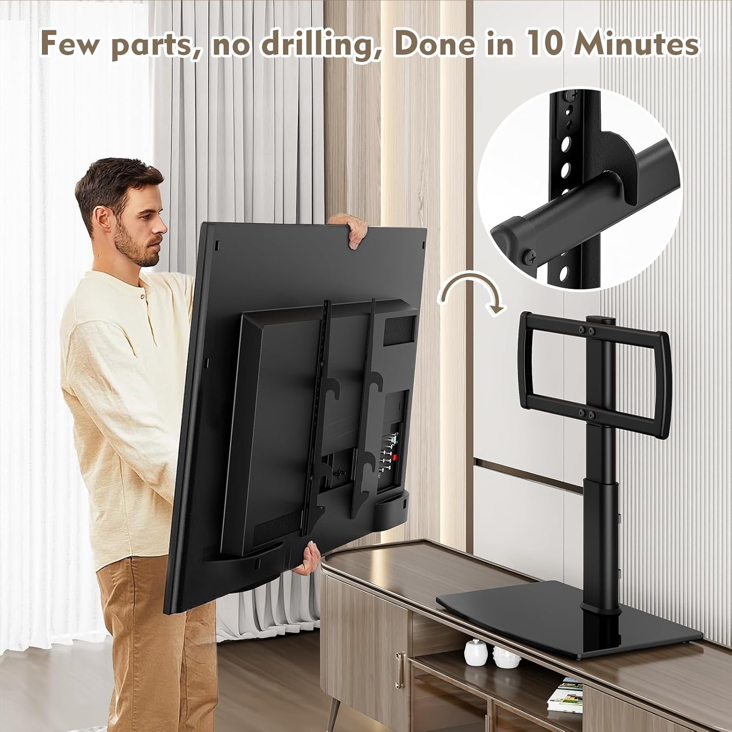 image:imageUniversal SwivelTable Top TV Stand 27 to 60 inch TVs 80 Degree Swivel 4 Level Height Adjustable Heavy Duty Tempered Glass Base Holds up to 99lbs Screens HT04B0012760 Universal Swivel TV Stand