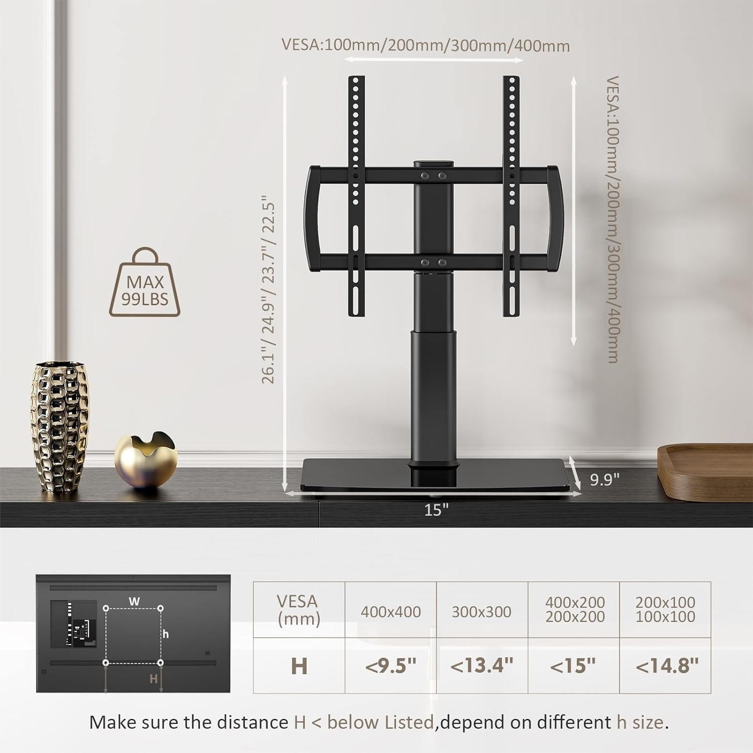 image:imageUniversal SwivelTable Top TV Stand 27 to 60 inch TVs 80 Degree Swivel 4 Level Height Adjustable Heavy Duty Tempered Glass Base Holds up to 99lbs Screens HT04B0012760 Universal Swivel TV Stand