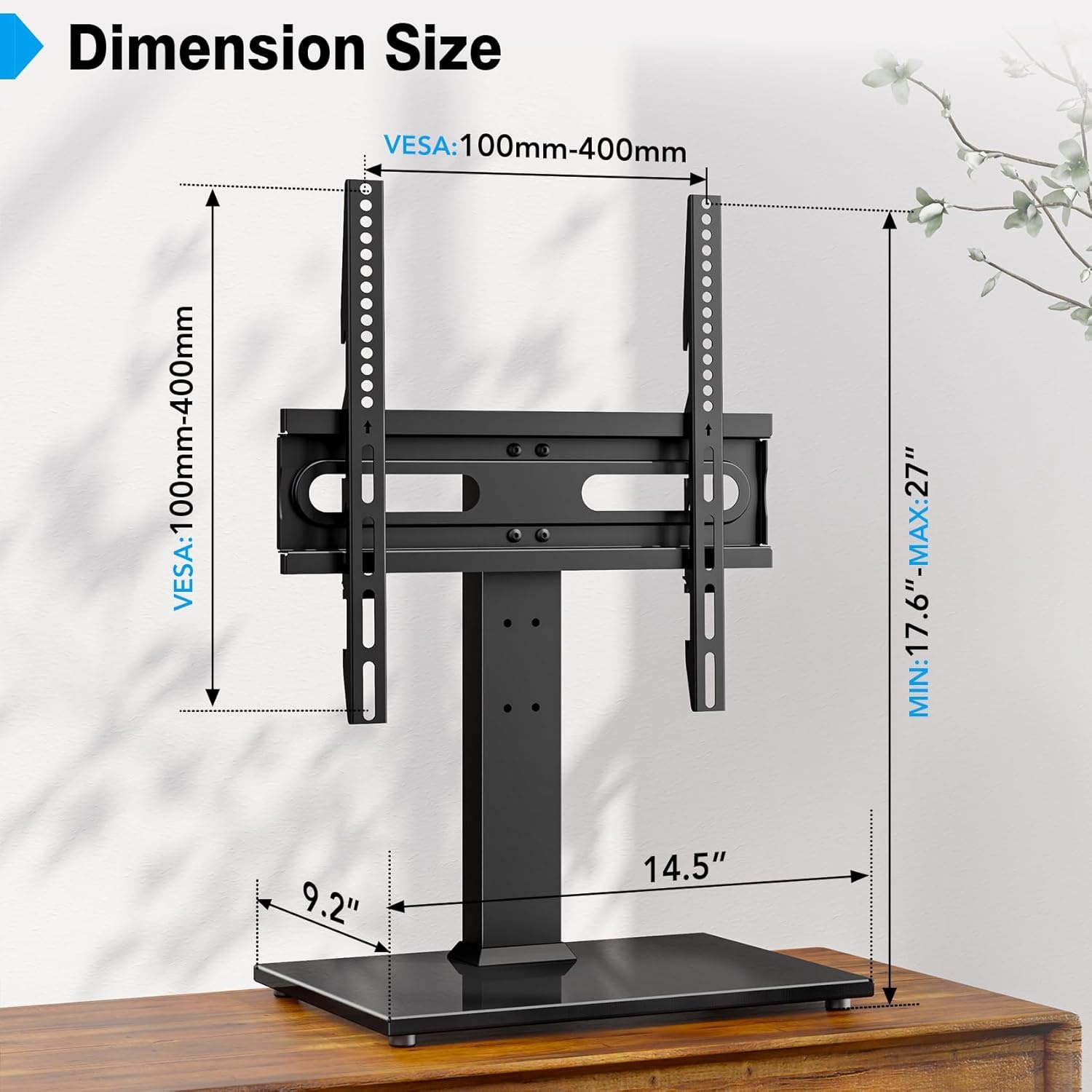 image:imageUniversal SwivelTable Top TV Stand 27 to 60 inch TVs 80 Degree Swivel 4 Level Height Adjustable Heavy Duty Tempered Glass Base Holds up to 99lbs Screens HT04B0012760 Universal Tabletop TV Stand