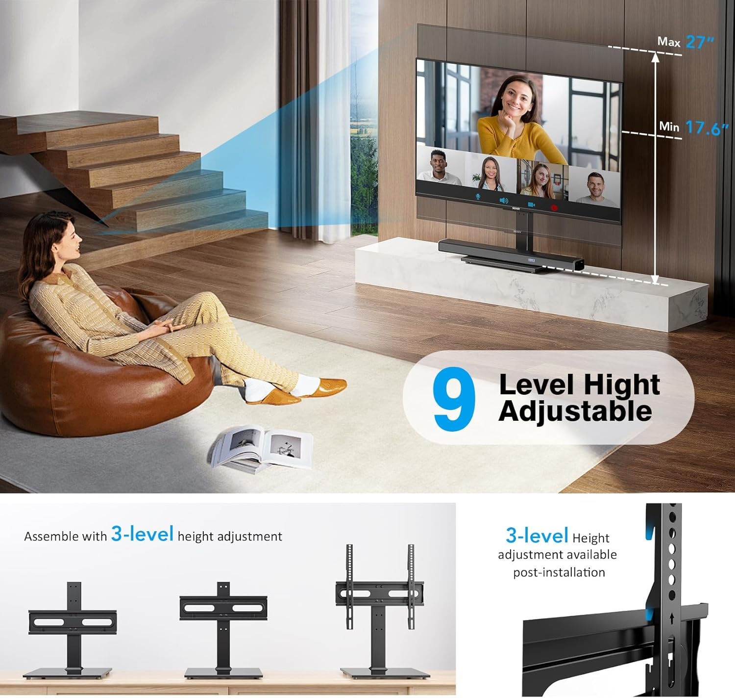 image:imageUniversal SwivelTable Top TV Stand 27 to 60 inch TVs 80 Degree Swivel 4 Level Height Adjustable Heavy Duty Tempered Glass Base Holds up to 99lbs Screens HT04B0012760 Universal Tabletop TV Stand