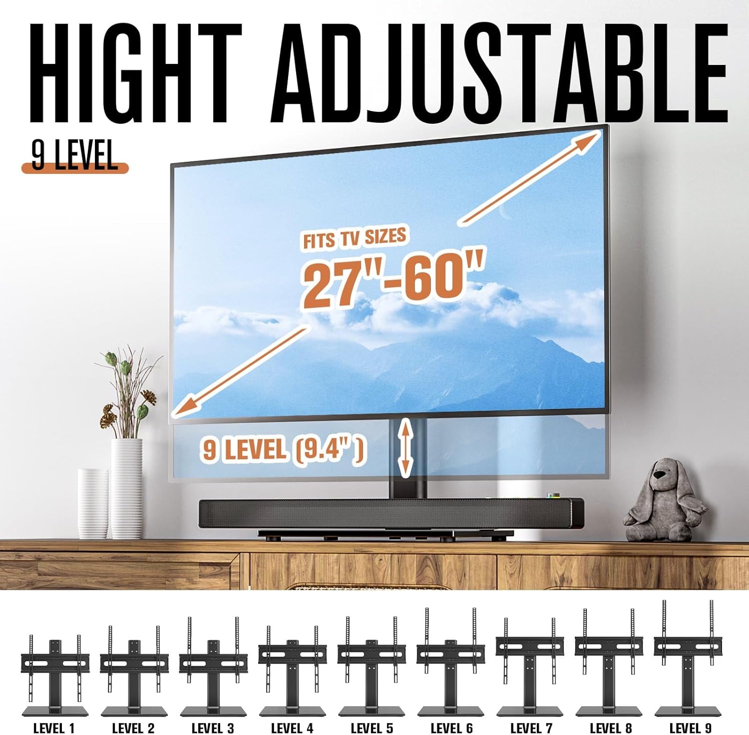 image:imageUniversal TV StandBase Table Top TV Stand with Wall Mount for Most 27 30 32 39 40 42 43 49 50 55 60 Inch LCD LED Plasma Flat Screen TVs Vesa Mount Holds up to 88 lbs 9 Level Height Adjustable2760 UNIVERSAL TABLETOP TV STAND