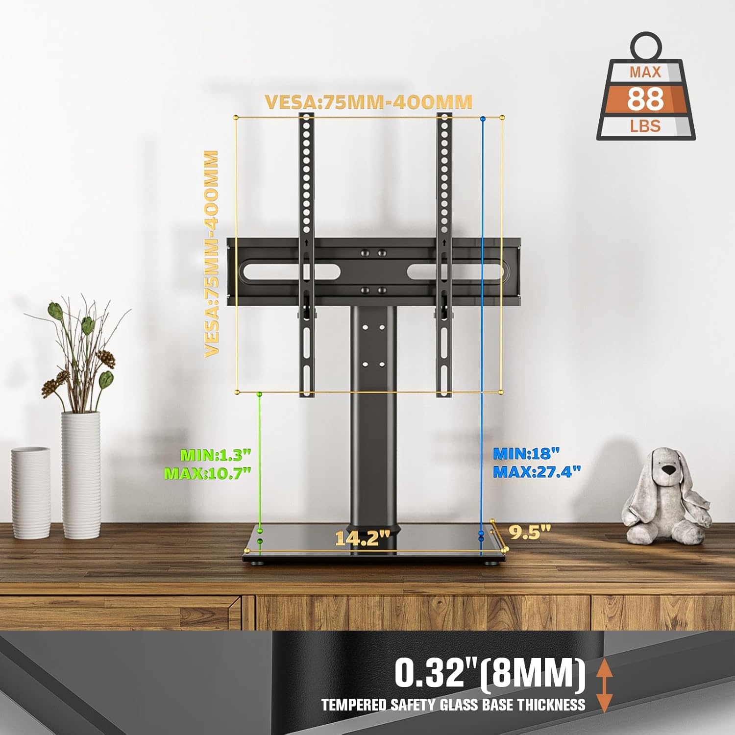 image:imageUniversal TV StandBase Table Top TV Stand with Wall Mount for Most 27 30 32 39 40 42 43 49 50 55 60 Inch LCD LED Plasma Flat Screen TVs Vesa Mount Holds up to 88 lbs 9 Level Height Adjustable2760 UNIVERSAL TABLETOP TV STAND